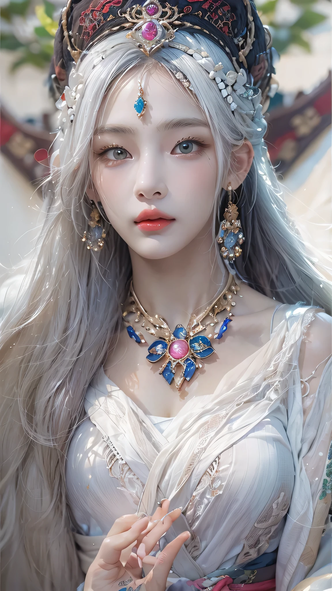 Photorealistic, high resolution, 1 woman, hips up, Beautiful eyes, Long hair, ringed eyes, white hair, jewelry, tattoo, hanfu