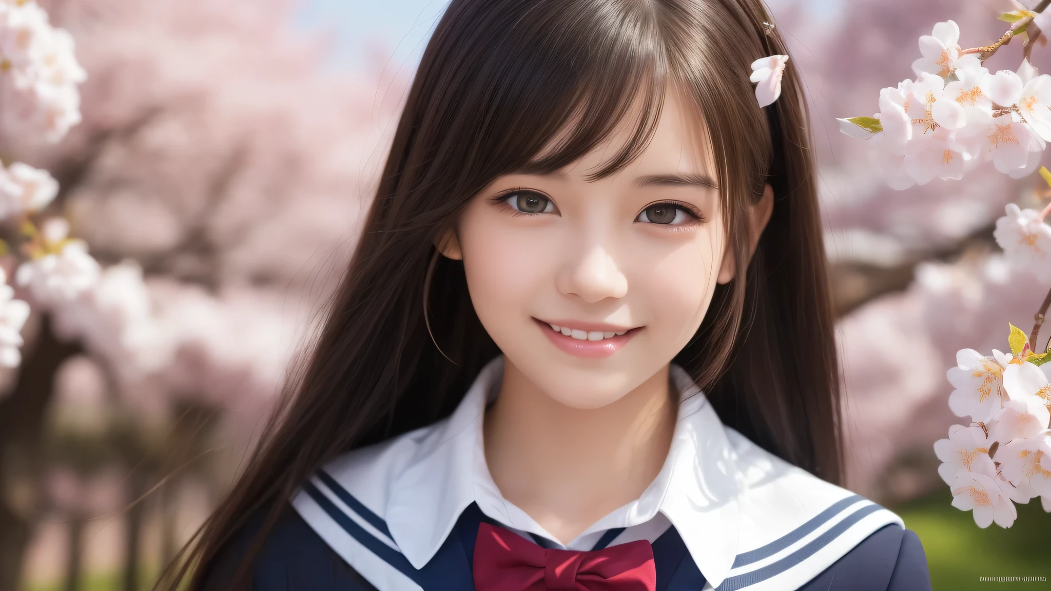 (1 girl), yo, enchanting smile, (highly detailed eyes, highly detailed face), Fresh, very beautiful appearance, (surreal, High resolution), (highest quality:1.4), professional photography, (high School uniform:1.2), cherry blossoms, focus on face, School, School anime, anime illustration,