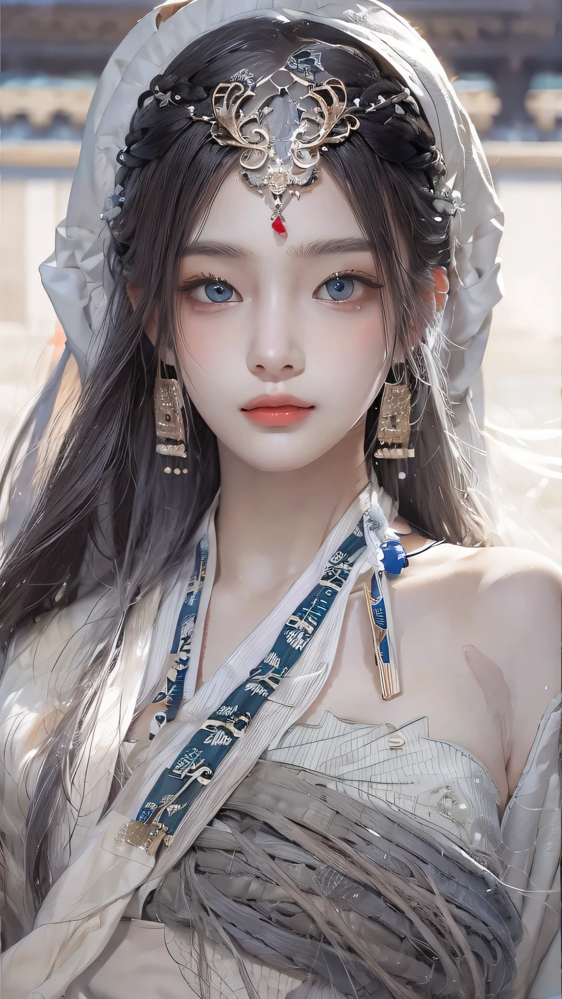 Photorealistic, high resolution, 1 woman, hips up, Beautiful eyes, Long hair, ringed eyes, white hair, jewelry, tattoo, hanfu