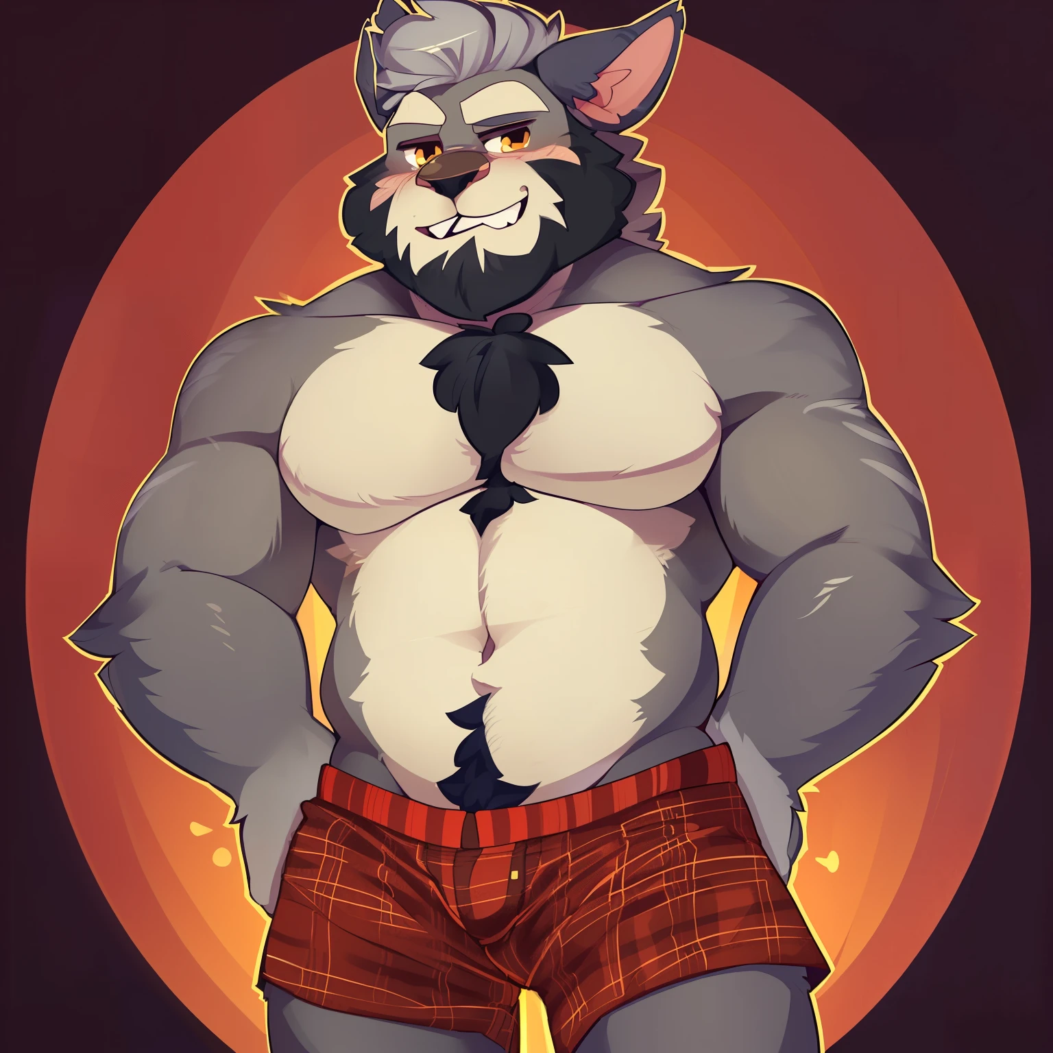 Solo, Anthro, male (((tall, wolf, red eyes, black pupils, black eye brows, muscular, huge pecs, huge muscles, abs, brown hair, dark brown body, brown fur, long snout, facial tuft, arm tuff, chest tuft, leg tuft, pink nose, nose ring, pointed ears, ears up, brown ear fluff, brown inner ear, thin waist, ear rings, gold teeth, tusk, fangs, exposed teeth, body scars, chest scars, arm scars, leg scars, tail, clawed hands, clawed feet, black claws, red backwards hat, black thong, huge bulge))) standing, mouth closed, bedroom, detailed red backwards hat, detailed ears ((focus red backward hat)) perfect anatomy, full body, by darkgem, by mystikfox61, by glitter trap boy