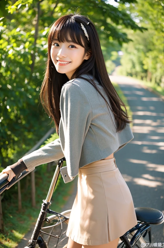 32K、highest quality、masterpiece、超A high resolution、photograph、The elegance of beautiful Japanese women、Single-lens reflex camera、There are some good ones too、A transparent atmosphere、sexy lip、slanted bangs、beautiful face、medium long hair、make bangs、smile、natural soft light、22 year old girl wearing a suit、wear a skirt、country road、riding a bicycle、bank、