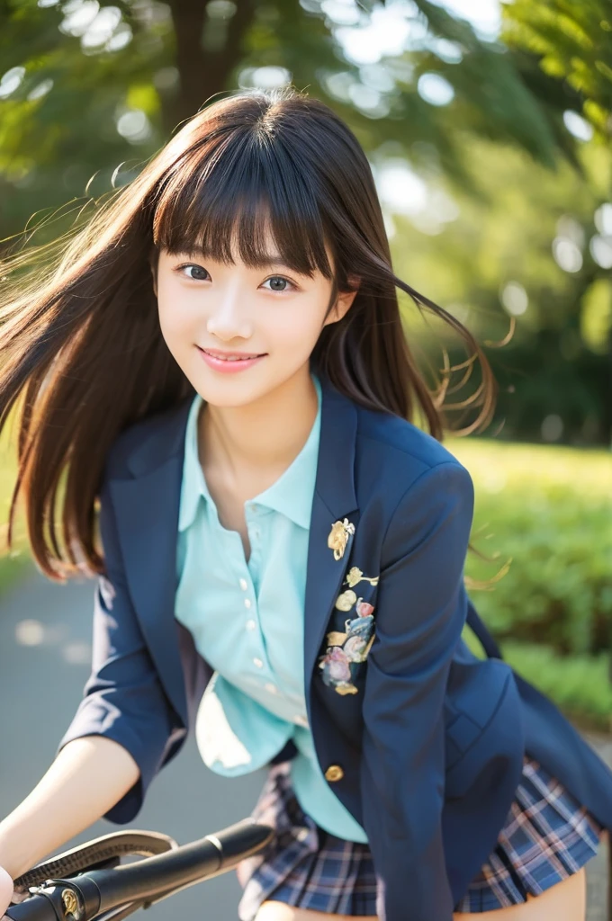 32K、highest quality、masterpiece、超A high resolution、photograph、The elegance of beautiful Japanese women、Single-lens reflex camera、There are some good ones too、A transparent atmosphere、sexy lip、slanted bangs、beautiful face、medium long hair、make bangs、smile、natural soft light、22 year old girl wearing a suit、wear a skirt、country road、riding a bicycle、bank、