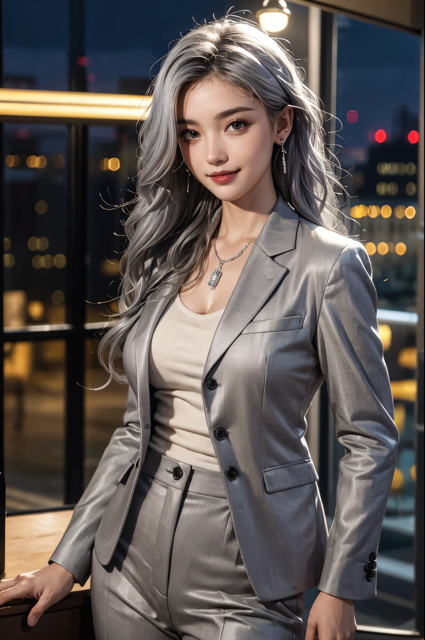 UHD, 8k, photorealistic, high resolution, soft light,1women, in the city, solo, hips up, shining skin, (detailed face),tattoo, (jewelry), grey suit, open jacket, office lady, suit, pants, earrings, night,  (silver hair:1.3), (wavy hair:1.4), Beautiful Soldier, Eyes That Invite Viewer, Lover's Perspective, Inviting Expression, Sexy Smile, Perfect Style, Perfect Balance, Detailed Skin, Naughty Gaze,