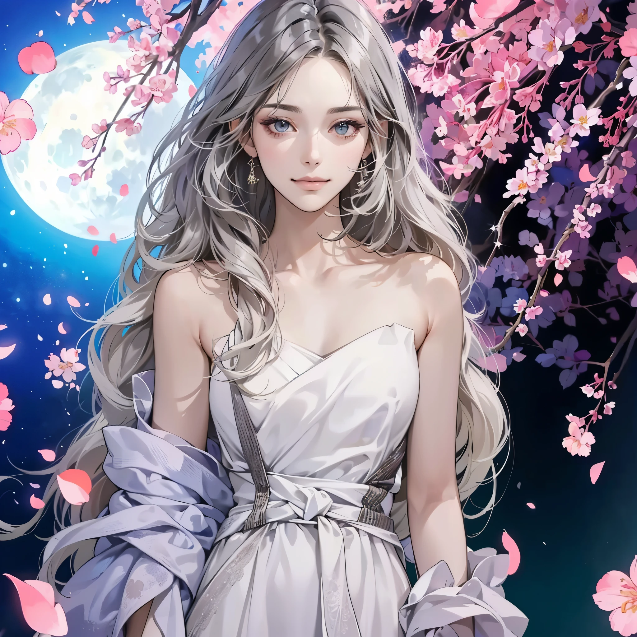 (table top, digital art, digital illustration, 4K, 8K, super detailed, beautiful images, clear image, realistic, RAW photo, perfect face, perfect lines, perfect eyes, soft lighting) ,1 female, (long black hair,parted bangs、bullish look,beautiful woman,closed mouth,smirk,Mature,(slender,),23 year old female,:1.3),The background is cherry blossoms and the moon