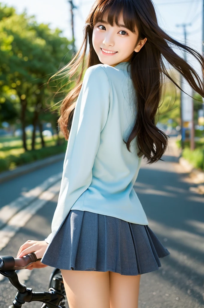 32K、highest quality、masterpiece、超A high resolution、photograph、The elegance of beautiful Japanese women、Single-lens reflex camera、There are some good ones too、A transparent atmosphere、sexy lip、slanted bangs、beautiful face、medium long hair、make bangs、smile、natural soft light、22 year old girl wearing a suit、wear a skirt、country road、riding a bicycle、bank、blur the background a little、