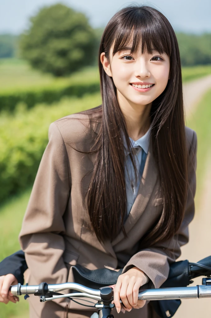 32K、highest quality、masterpiece、超A high resolution、photograph、The elegance of beautiful Japanese women、Single-lens reflex camera、There are some good ones too、A transparent atmosphere、sexy lip、slanted bangs、beautiful face、medium long hair、make bangs、smile、natural soft light、22 year old girl wearing a suit、wear a skirt、country road、riding a bicycle、bank、blur the background a little、