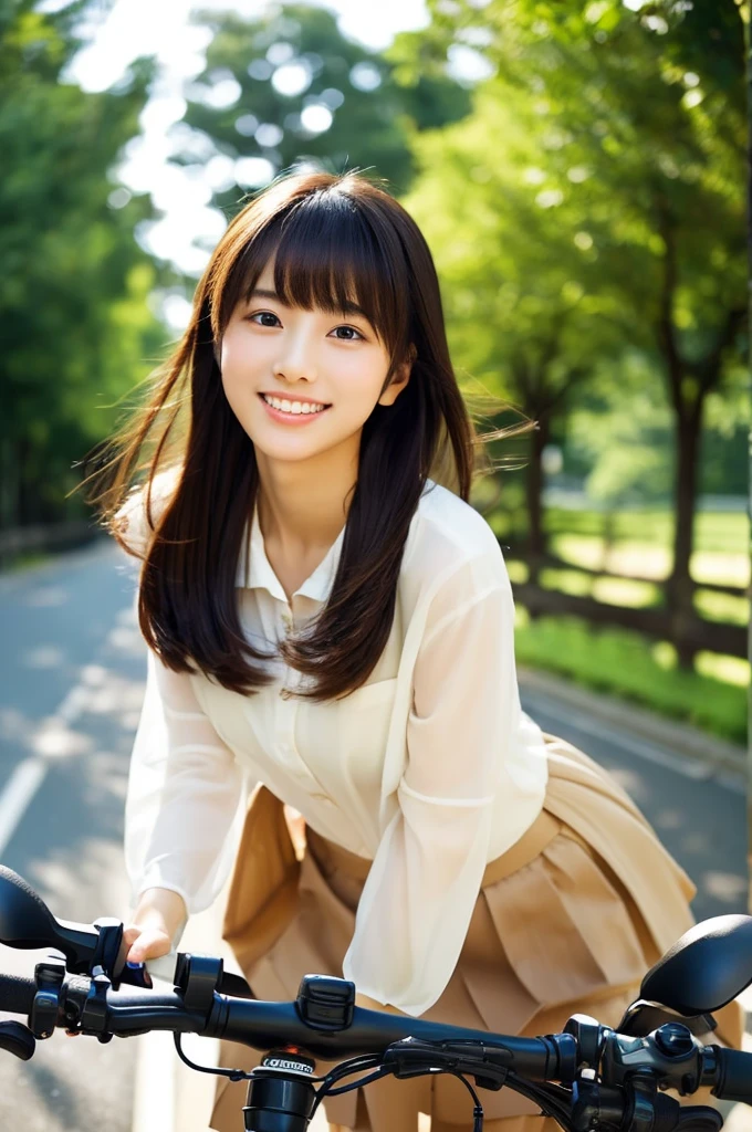 32K、highest quality、masterpiece、超A high resolution、photograph、The elegance of beautiful Japanese women、Single-lens reflex camera、There are some good ones too、A transparent atmosphere、sexy lip、slanted bangs、beautiful face、medium long hair、make bangs、smile、natural soft light、22 year old girl wearing a suit、wear a skirt、country road、riding a bicycle、bank、blur the background a little、