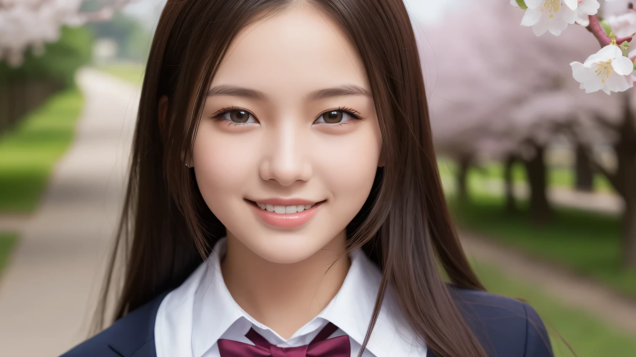 (1 girl), 17yo, enchanting smile, (highly detailed eyes, highly detailed face), Fresh, very beautiful appearance, (surreal, High resolution), (highest quality:1.4), professional photography, (high school uniform:1.2), cherry blossoms, focus on face,