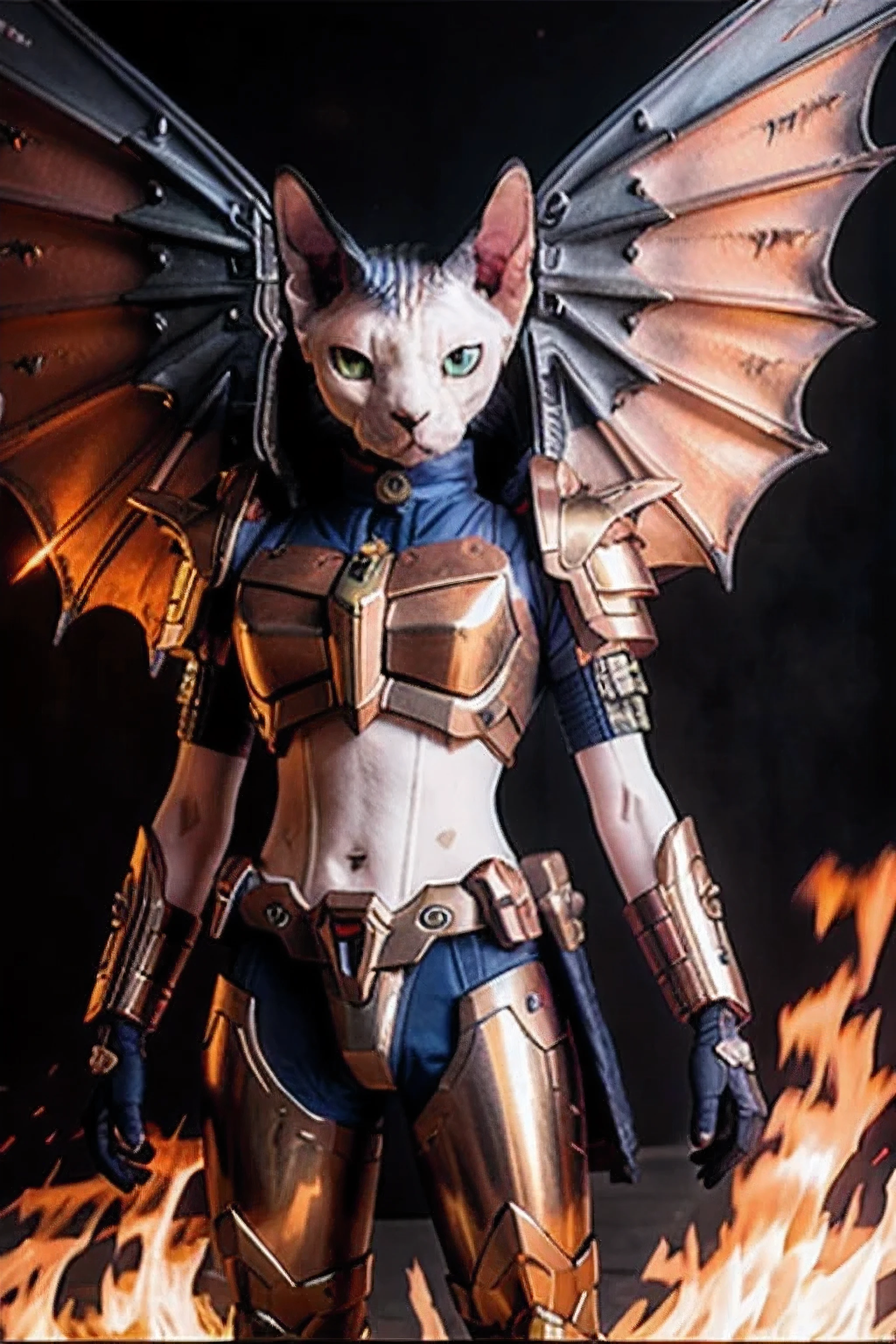 gundam sphynx cat with dragon wings breating fire, fire in the background, (intricate details), hdr, (intricate details, hyperdetailed:1.2), (gundam), (gundamfight)