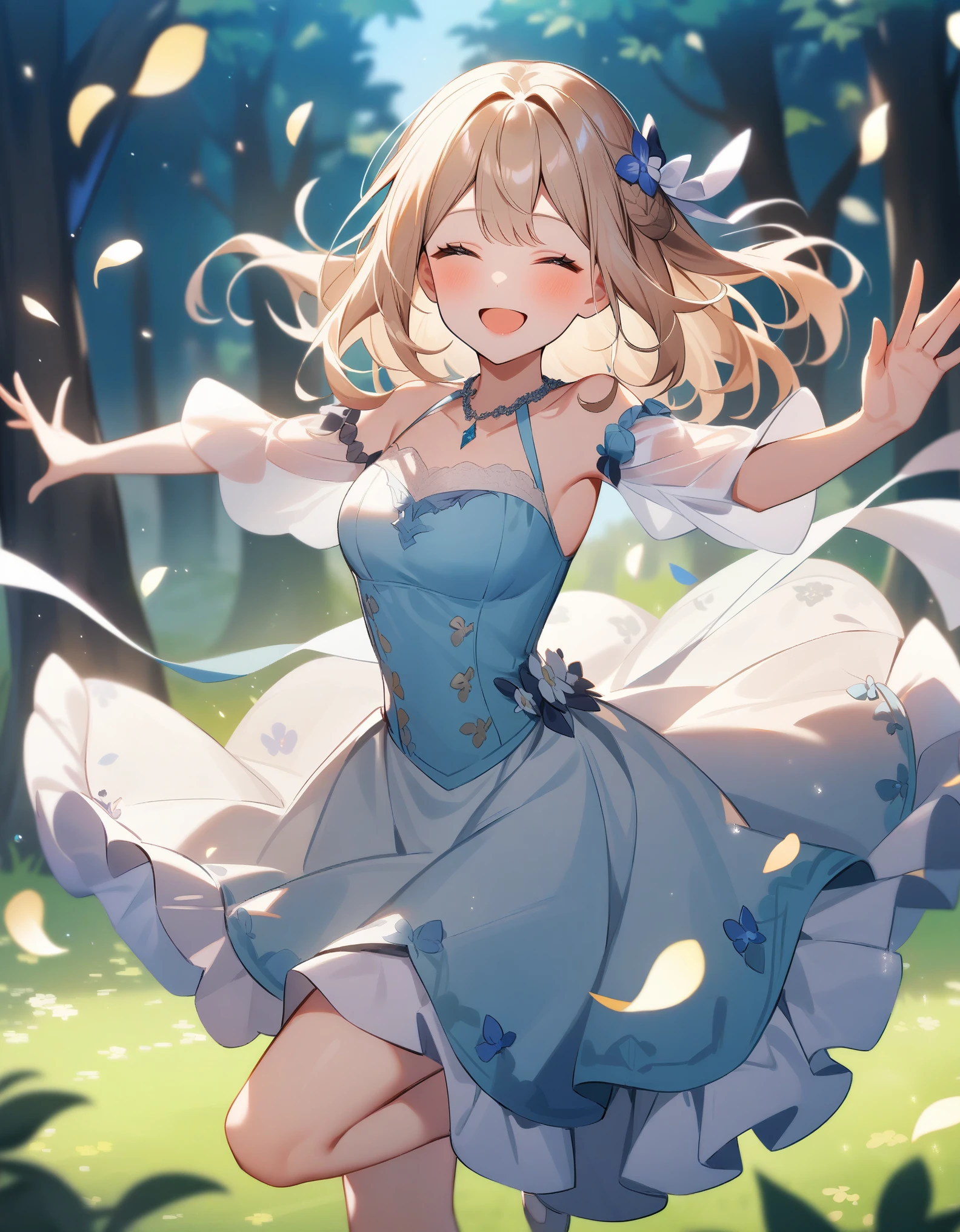 a girl,Beautiful,pretty。Clothes fluttering,Smile,Dance,Forest with flying petals
