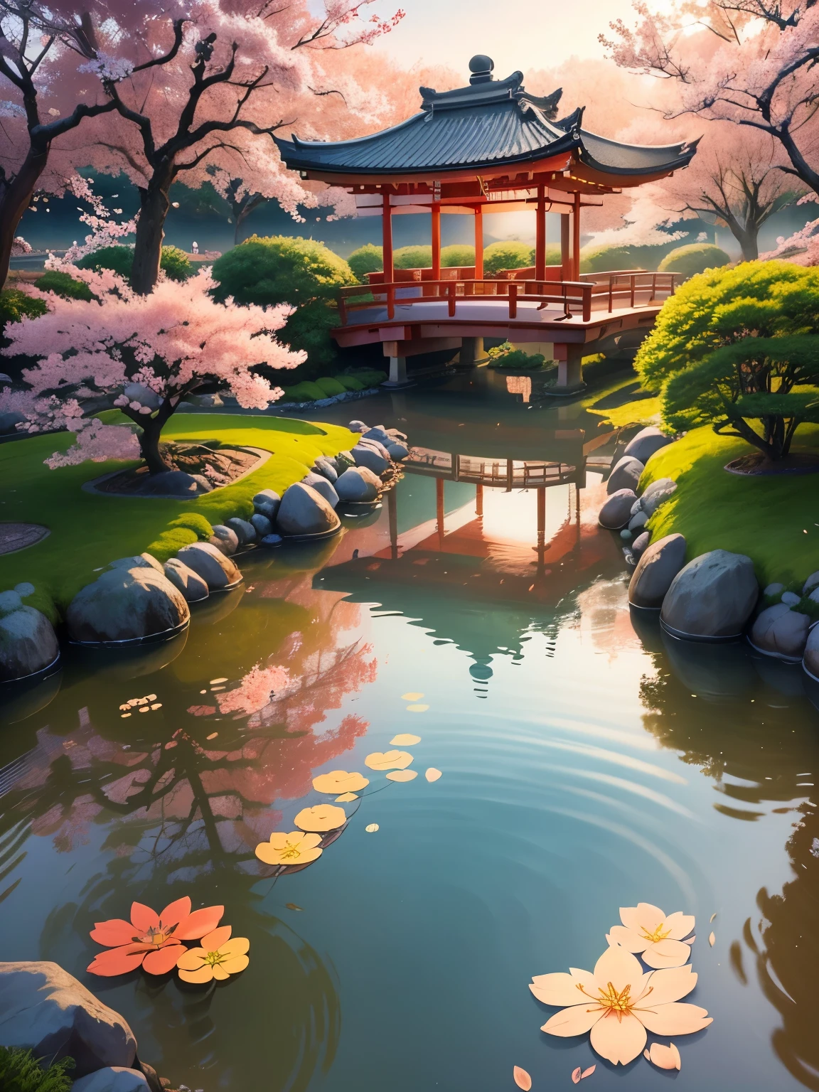 (digital painting),(best quality), serene Japanese garden, cherry blossoms in full bloom, pond, footbridge, pagoda, Ukiyo-e art style, Hokusai inspiration, Deviant Art popular, 8k ultra-realistic, pastel color scheme, soft lighting, golden hour, tranquil atmosphere, landscape orientation, extremely detailed, angle from above