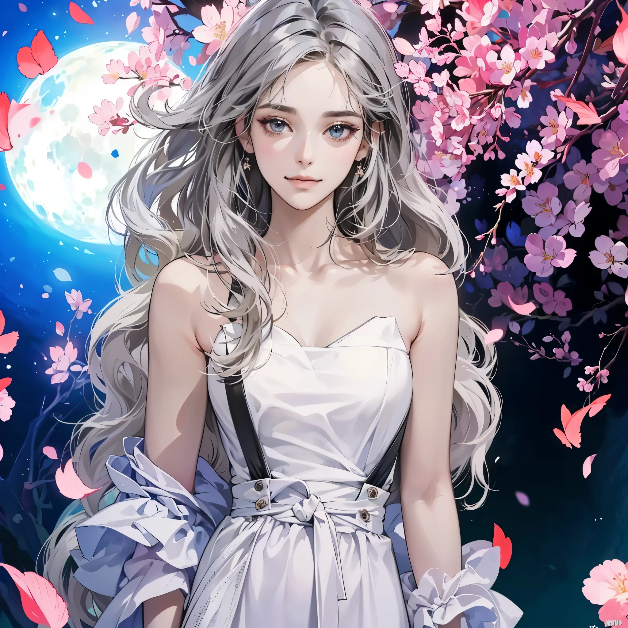 (table top, digital art, digital illustration, 4K, 8K, super detailed, beautiful images, clear image, realistic, RAW photo, perfect face, perfect lines, perfect eyes, soft lighting) ,1 female, (long black hair,parted bangs、bullish look,beautiful woman,closed mouth,smirk,Mature,(slender,),23 year old female,:1.3),The background is cherry blossoms and the moon