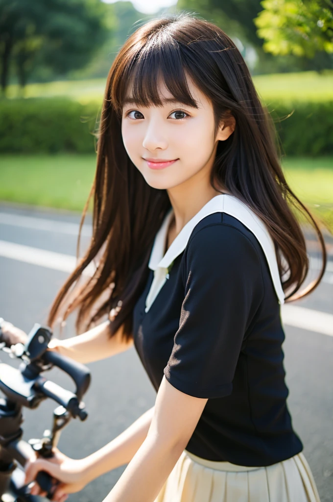32K、highest quality、masterpiece、超A high resolution、photograph、The elegance of beautiful Japanese women、Single-lens reflex camera、There are some good ones too、A transparent atmosphere、sexy lip、slanted bangs、beautiful face、medium long hair、make bangs、smile、natural soft light、22 year old girl wearing a suit、wear a skirt、country road、riding a bicycle、bank、blur the background a little、