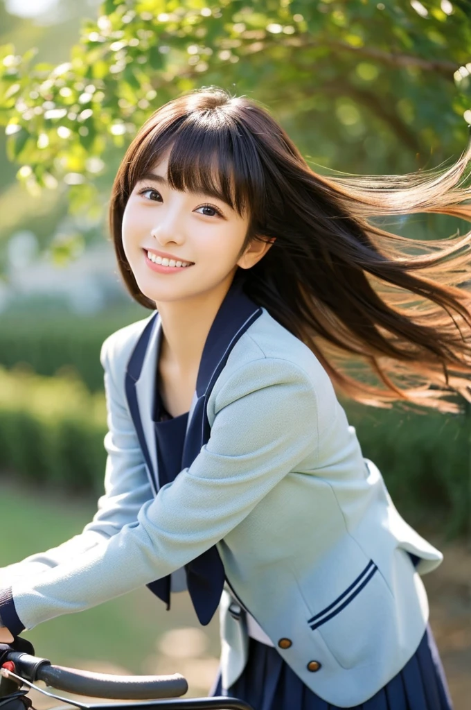 32K、highest quality、masterpiece、超A high resolution、photograph、The elegance of beautiful Japanese women、Single-lens reflex camera、There are some good ones too、A transparent atmosphere、sexy lip、slanted bangs、beautiful face、medium long hair、make bangs、smile、natural soft light、22 year old girl wearing a suit、wear a skirt、country road、riding a bicycle、bank、blur the background a little、