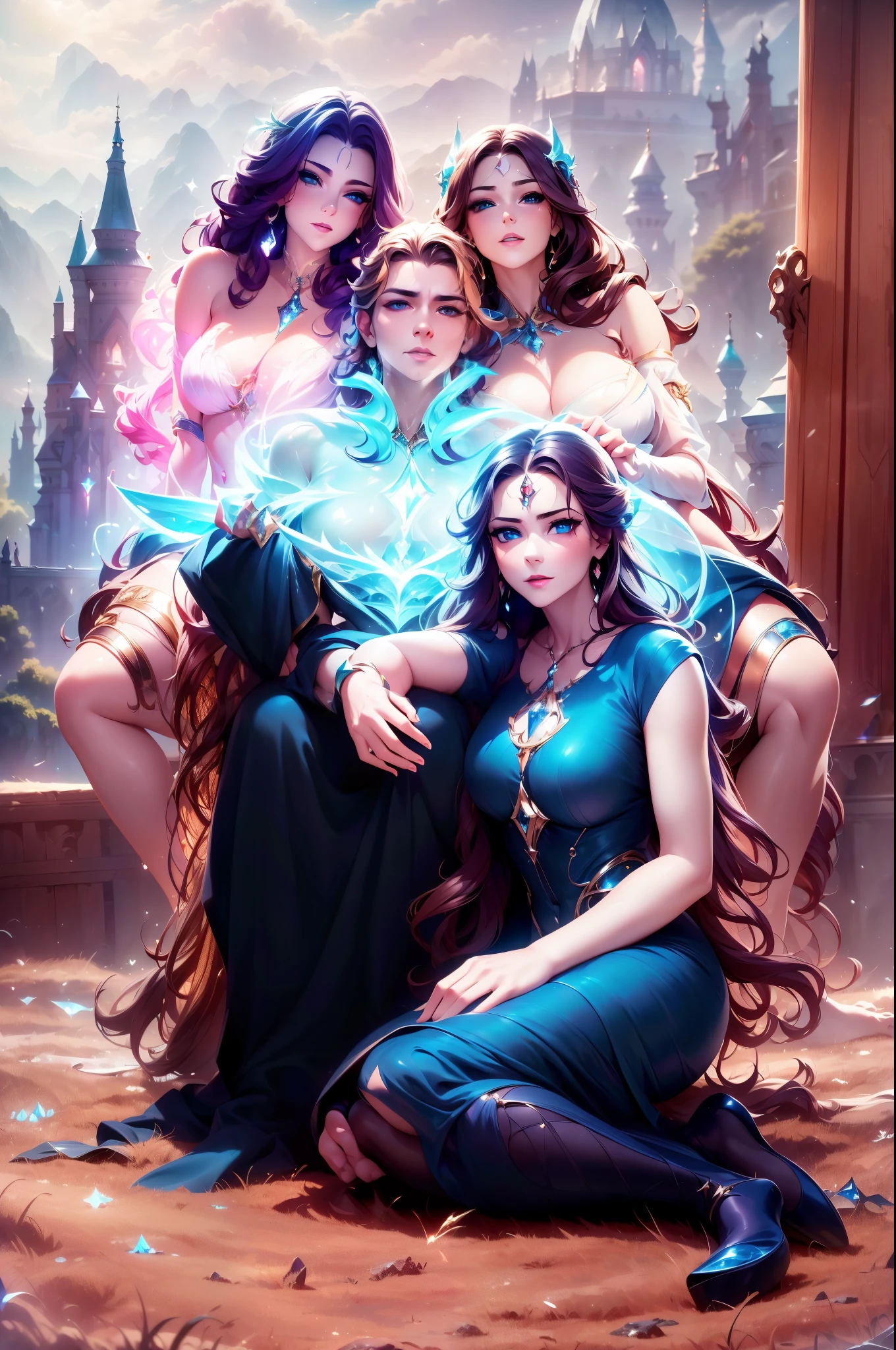 (best quality,4k,8k,highres,masterpiece:1.2),ultra-detailed,realistic,three sexy women,one man,cuddling together in a magical world,illustration,soft lighting,vibrant colors,ethereal ambiance,fantasy,sparkling effects,enchanted atmosphere,elaborate costumes,dreamlike setting,lush vegetation,mystical creatures,fairytale,whimsical,eye-catching composition,flawless skin,detailed facial features,stunning expressions,fantasy-themed background,magical aura,floating elements,majestic beauty,magical realism,spellbinding,alluring poses,astral lighting,perfect harmony,romantic atmosphere,magical energy,happiness and love,heartwarming,unforgettable,mesmerizing artistry.