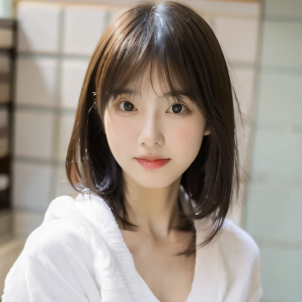 1 girl, profile, flat bangs, Bobo Hair, stunning innocent symmetrical face, shirt, Japan Teachers, ,medium breasts, just got out of the bath, dry your hair with a white towel