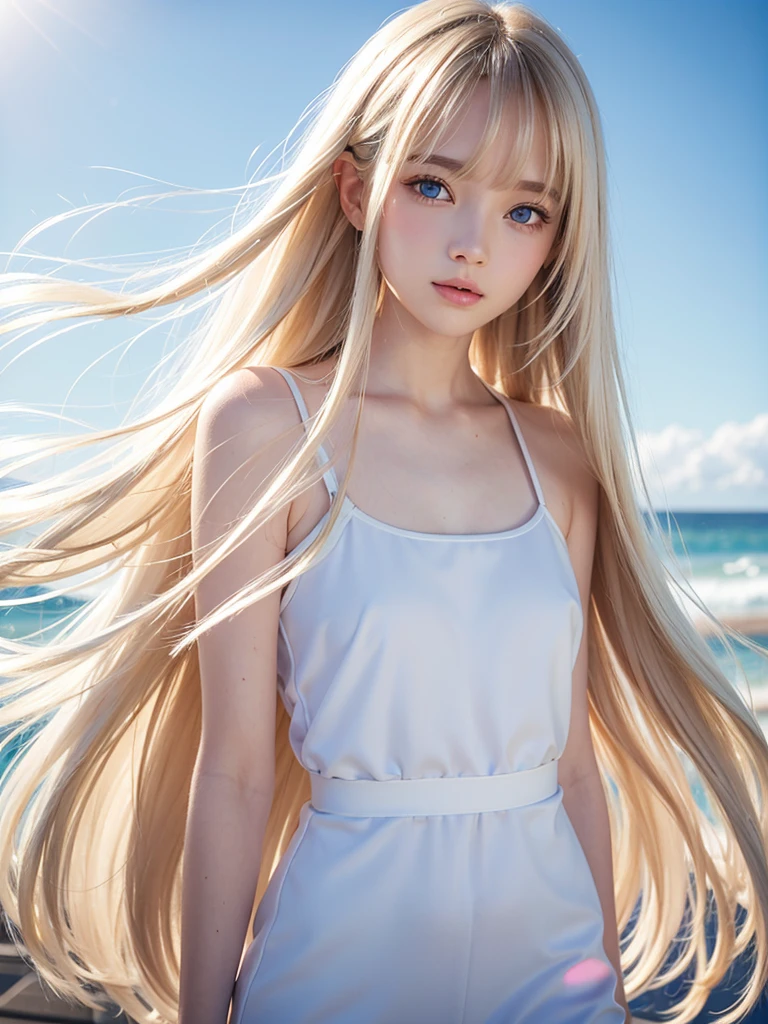 Transparent white glossy skin、Wind hair gets in the way in front of cute face、18 year old cute sexy little beautiful face、Beautiful straight hair that shines、Big、Very beautiful light blue eyes that shine、Long silky bangs covering cute eyes, Sexy face hiding hair super long hair sexy cute young woman long natural blonde shiny bright hair