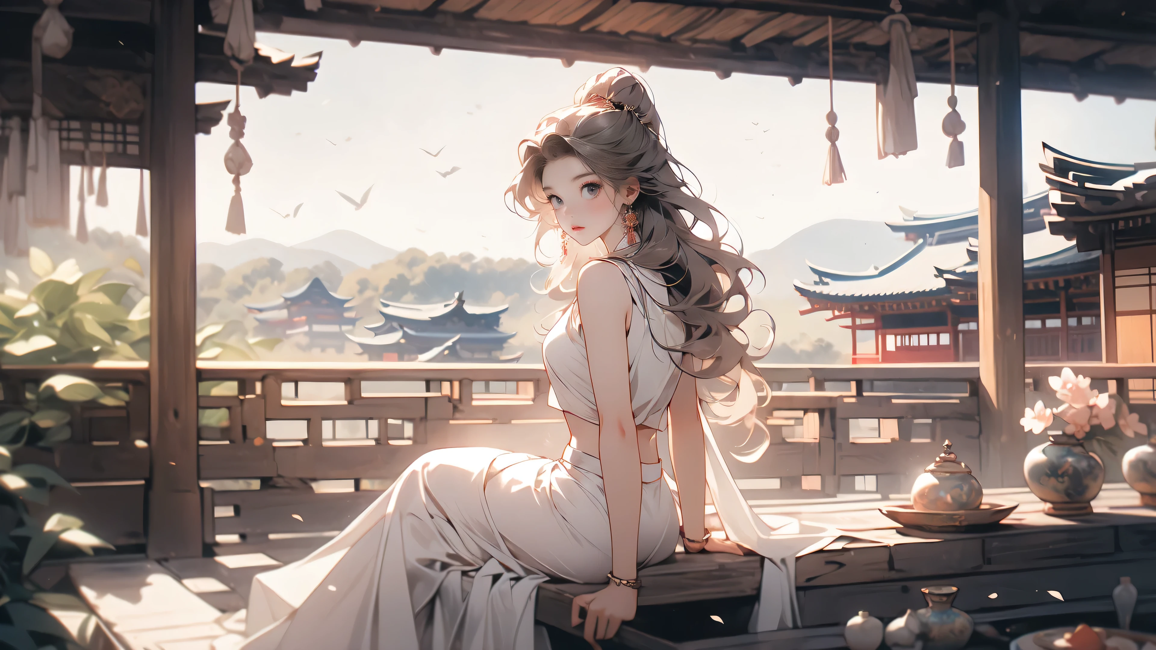 a very beautiful 18-year-old (in the film) young woman with pale skin, ashen hair,  earrings, and perhaps a bracelet complete her ensemble, white Demeanor, neck full of long necklaces, White skirt and white pant, showing stomach abs,
,(( sitting at the roof of japaneas house in the village)), ((looking at the village)), back shot, moody color