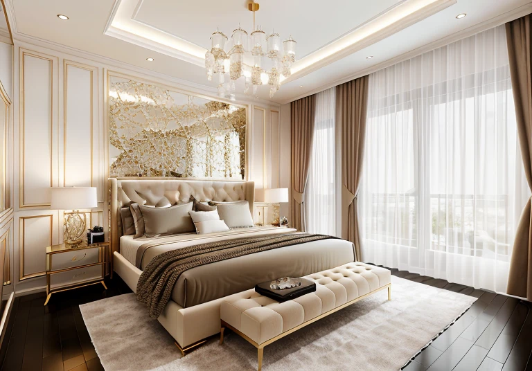 Modern bedroom design, luxurious interior, ((high resolution image, 8k, detailed anatomy of each object, rough surface, super detailed, super realistic, beautiful) spotless , surreal , spacious space , full light