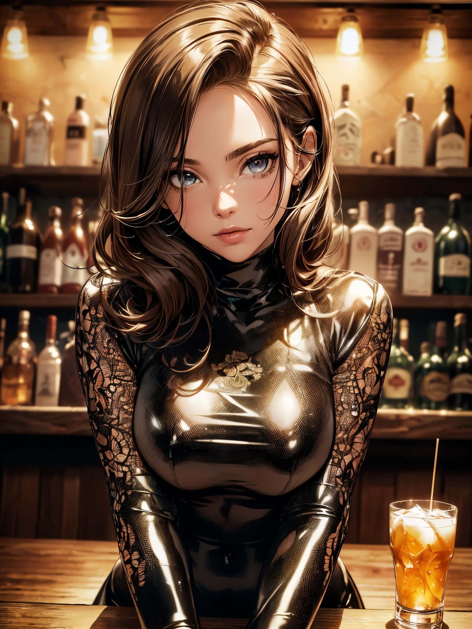photo of S185_BarbieBrill,an attractive woman,in a (bar:1.1),wearing a (turtleneck-latex-dress:1.1),(8k, RAW photo, best quality, depth of field, ultra high res:1.2),(absurdres, intricate, photorealistic, masterpiece, ultra-detailed:1.3),