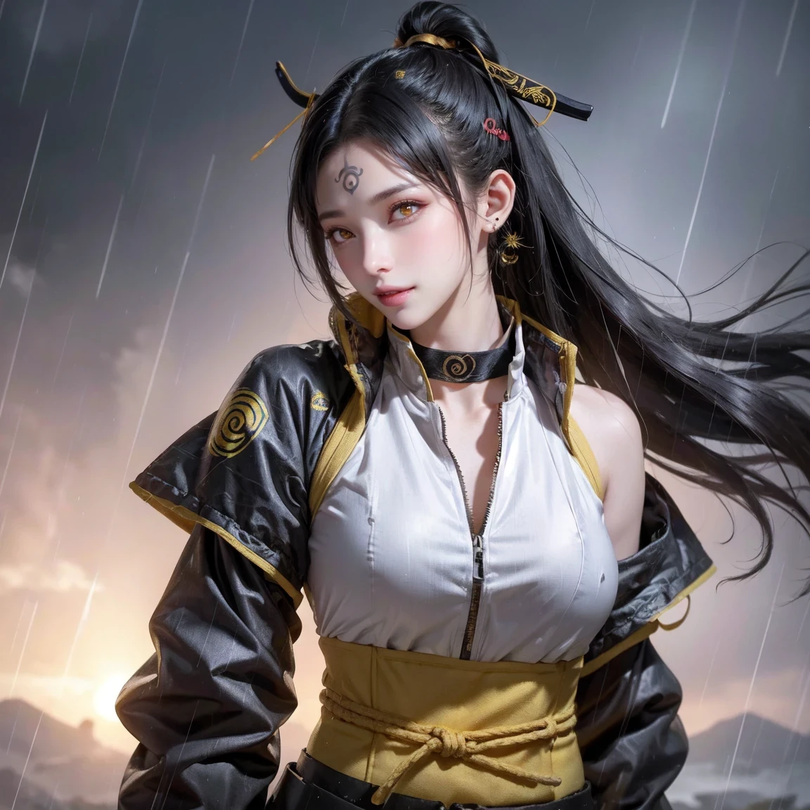 Xiaonan (Naruto), 1 girl, alone, breast, yellow_Eye, this upper part of the body_Body, watching_arrive_this_side, cosmetic, zipper, rain, Paper, nose, Open your clothes, Paper ninjutsu, Upper body, Xiao clothing, labret piercing,
