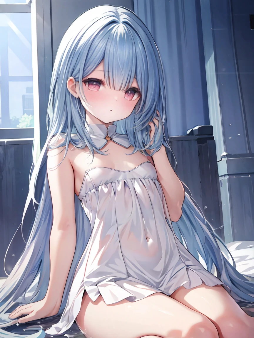  (ultra-intricate pupil in eyes, shiny eyes), long eyelashes, double eyelids, parted lips, kawaii, cute, ( flat chest), slender, (ultra delicate and beautiful skin), insanely detailed clothes, perfect anatomy, dynamic angle, BREAK (masterpiece, best quality), (ultra-detailed 8K), (perfect design), absurdres, highres, ((blush)), (super fine illustration), ((light blue long hair))), 10 years old, long hair ((blush)), masterpiece, best quality, (amazing, beautiful detailed eyes, blunt bangs), anime girl with long hair and sitting on a bed,  , beautiful anime , , , anime girl , c small curvy , white cat girl, nightcore, very beautiful cute , anime moe artstyle, seductive anime girl