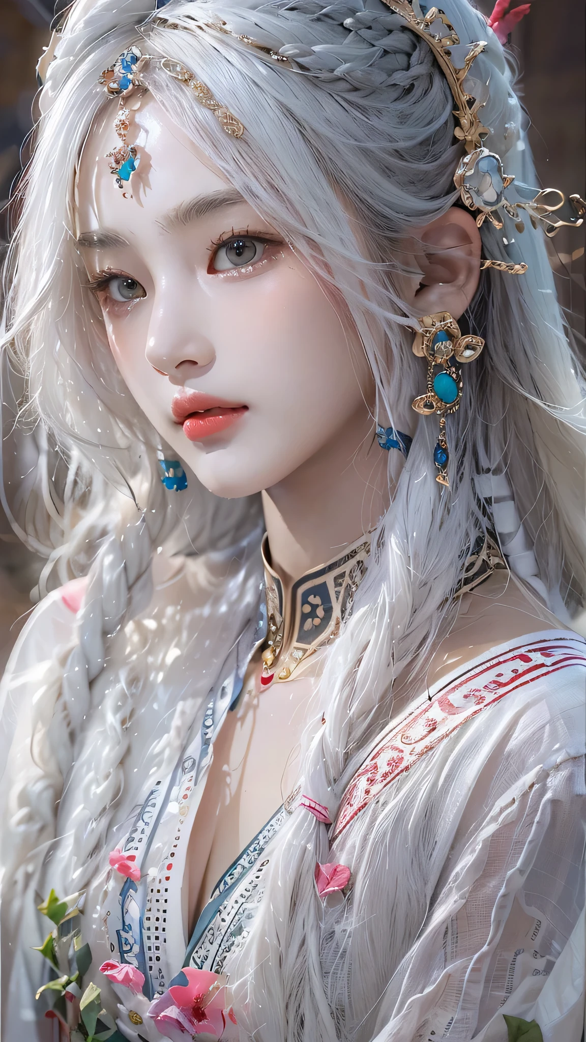 Photorealistic, high resolution, 1 woman, hips up, Beautiful eyes, Long hair, ringed eyes, white hair, jewelry, tattoo, hanfu