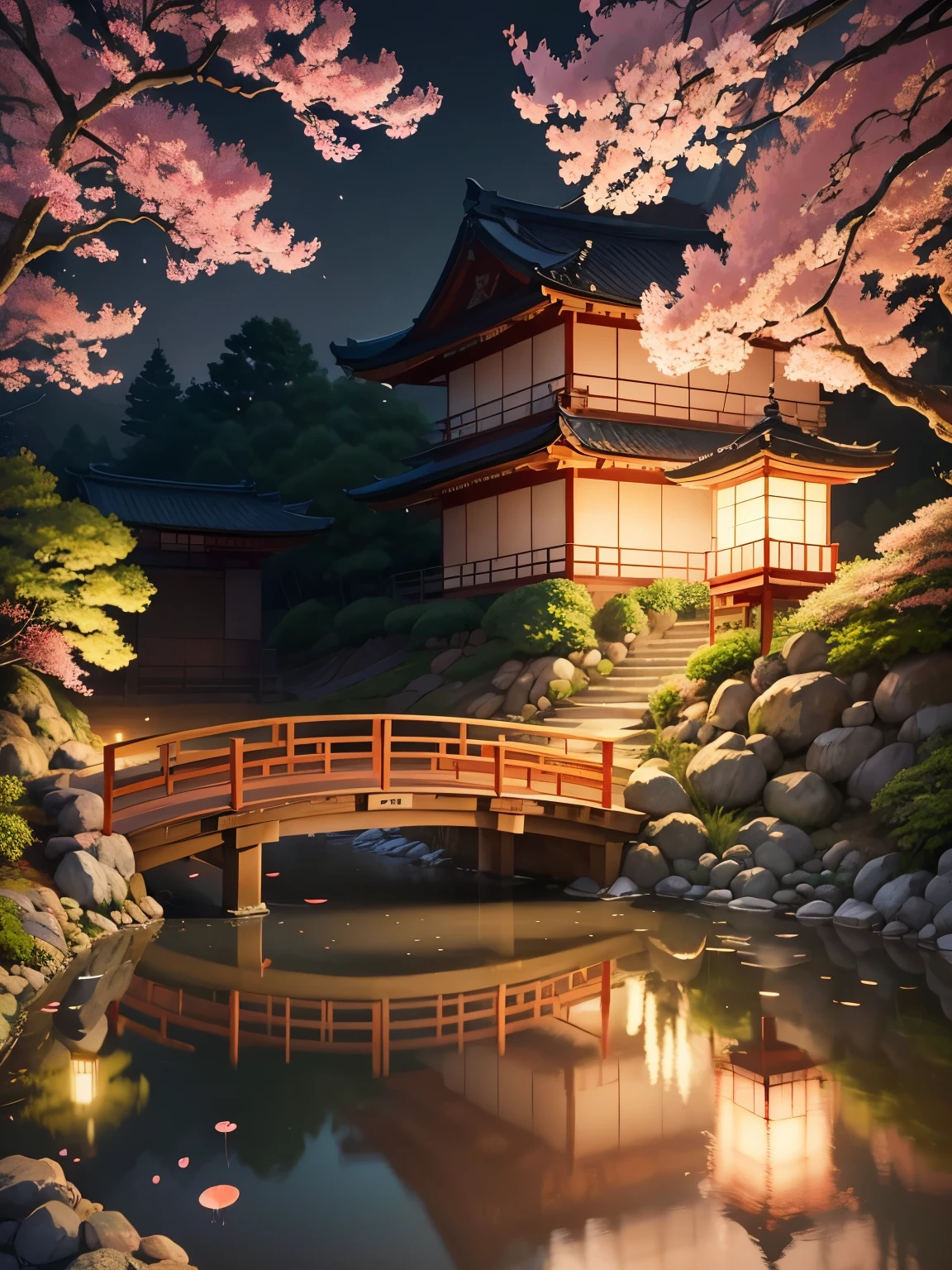 (digital painting),(best quality), serene Japanese garden, cherry blossoms in full bloom, pond, footbridge, pagoda, Ukiyo-e art style, Hokusai inspiration, Deviant Art popular, 8k ultra-realistic, pastel color scheme, soft lighting, golden hour, tranquil atmosphere, landscape orientation, extremely detailed, night time, paper lanterns, angle from above
