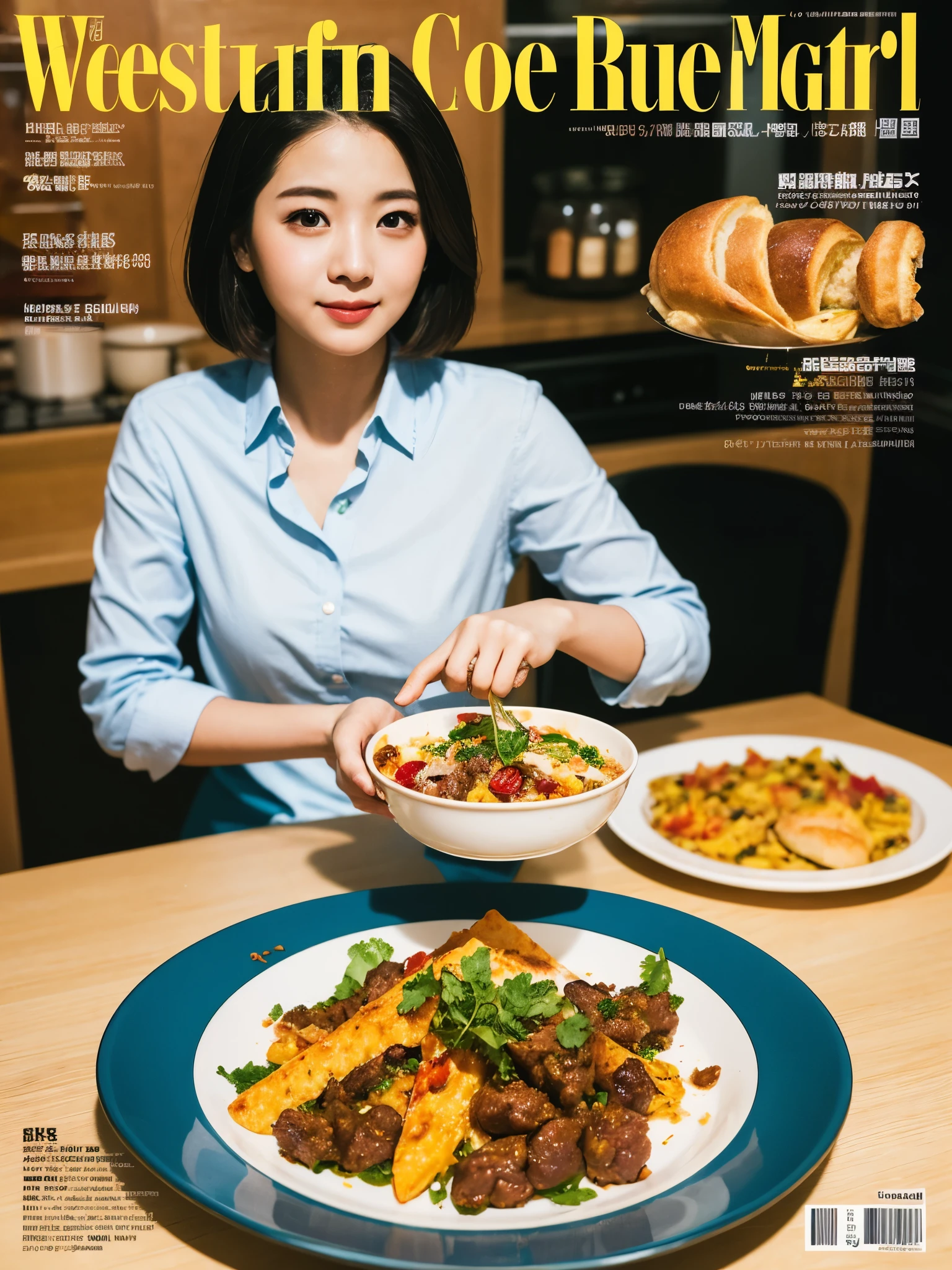 Beautiful cook,Western food,Food magazine cover,bright picture,8k,masterpiece,Super fine,Film effect,grainy,Reality is waiting to begin