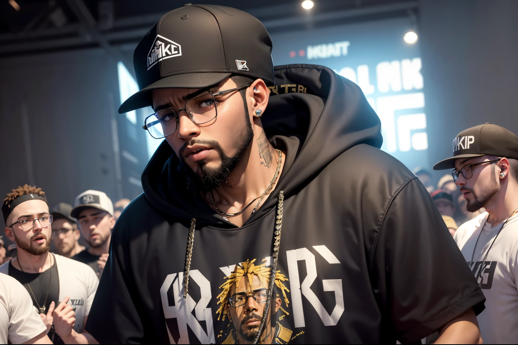 ((masterpiece)), ((8k resolution)), ((1boy)), ((rapper)), (rap battle), hoodie, cap, (glasses), beard, handsome, ((crowd))