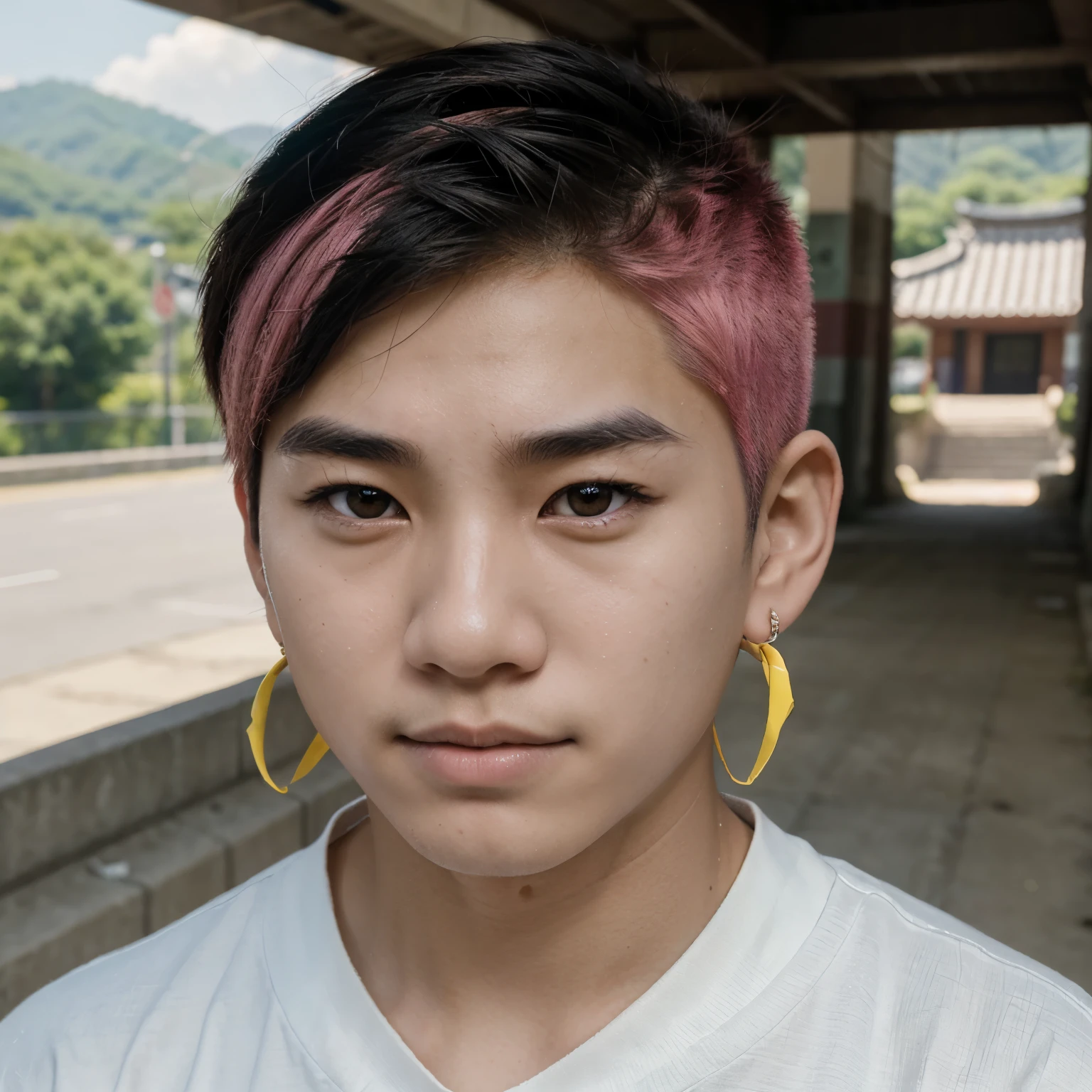 A Korean boy with pink short hair and yellow eyes. A bandage on the bridge of his nose, and earrings on both ears. He has deep black eyebrows. Doesn’t like to smile.