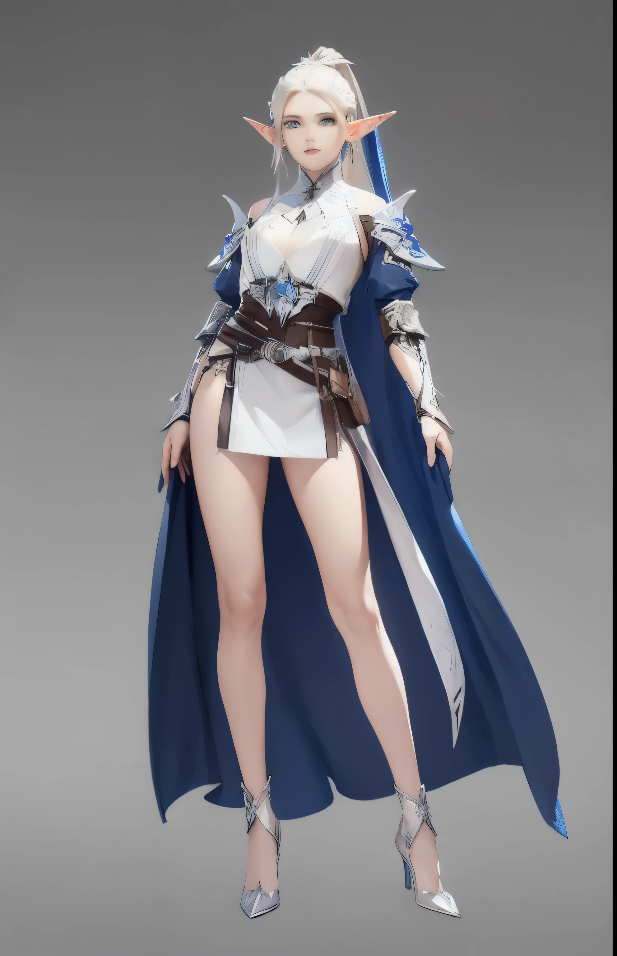 ((masterpiece, best quality)),concept art, Miss,, Detailed face，pointed ears,Elf， Full body details, full of details, Very detailed, depth, many parts, White single ponytail，Forest keeper。beautiful Miss, leather armor，Sackcloth clothes, leather bags，belt，High heel,jewelry, braid, earrings,White background，standing posture。