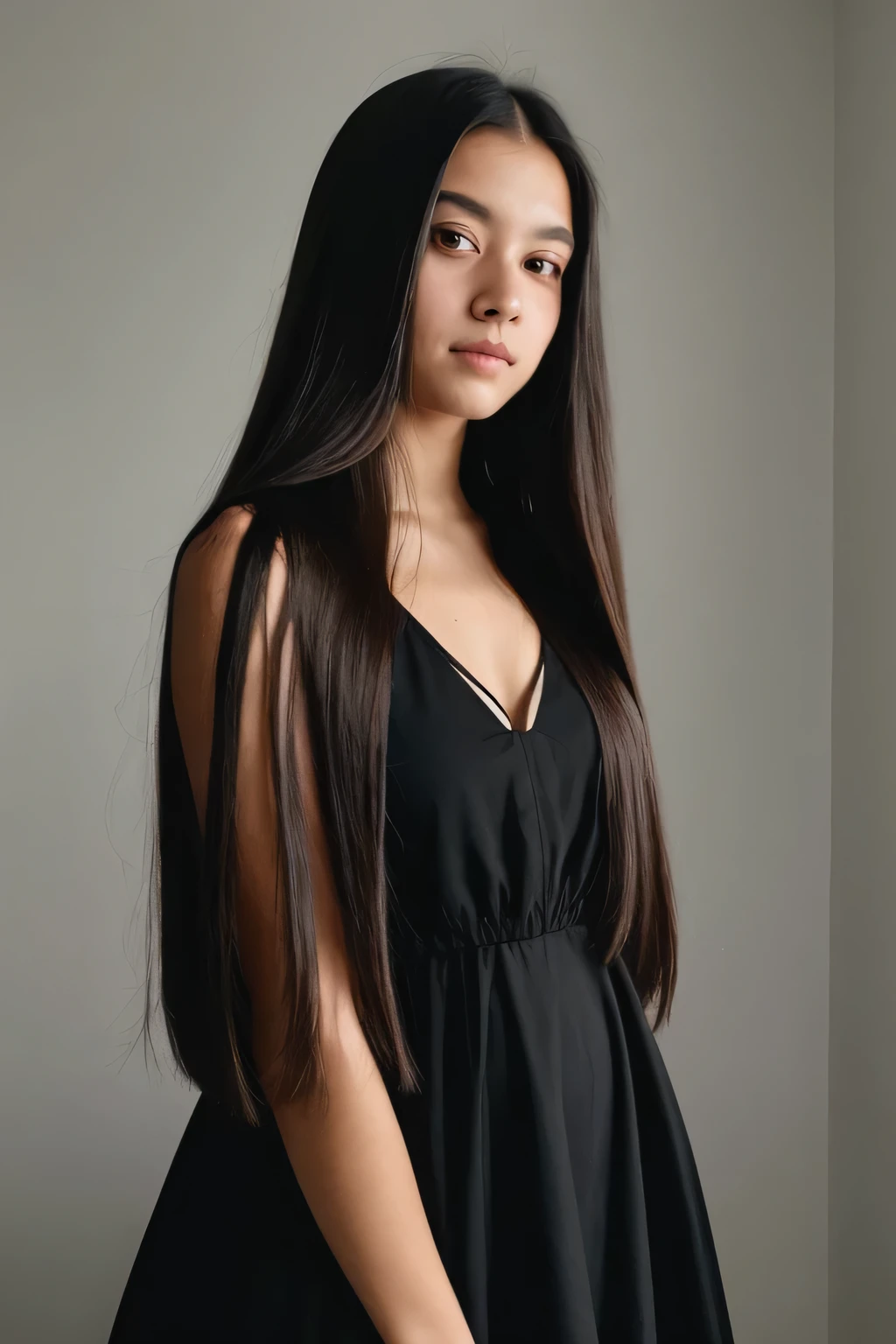 A girl with straight long hair wearing a black dress with soft lighting details, alta qualidade,