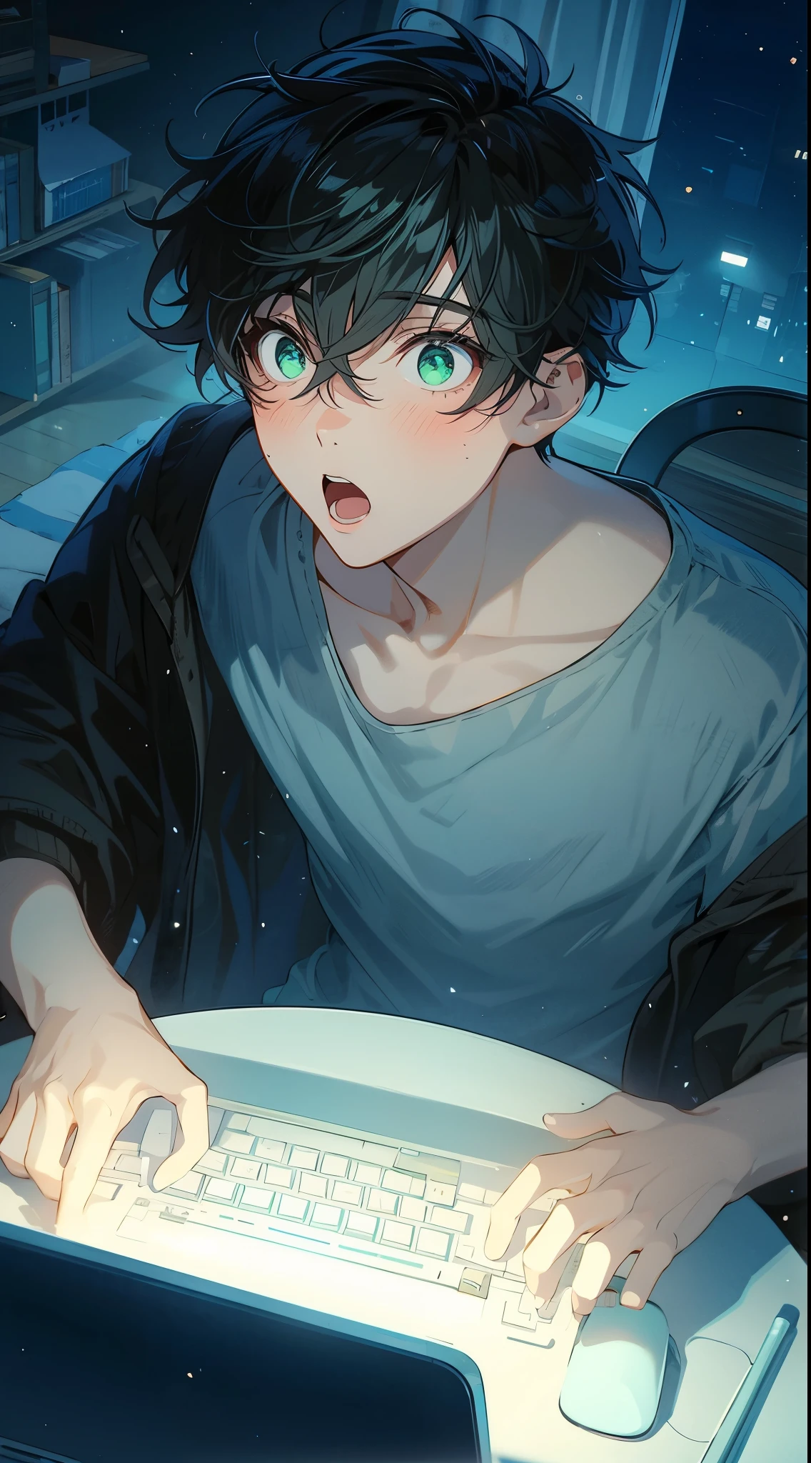 Beautiful young man, black hair, short hair, pompadour, bangs up, green eyes, nightlight, round table, operating computer, loose loungewear, oblique upward angle, stunned expression,high quality, Front composition,amount of drawing, pixiv illustration