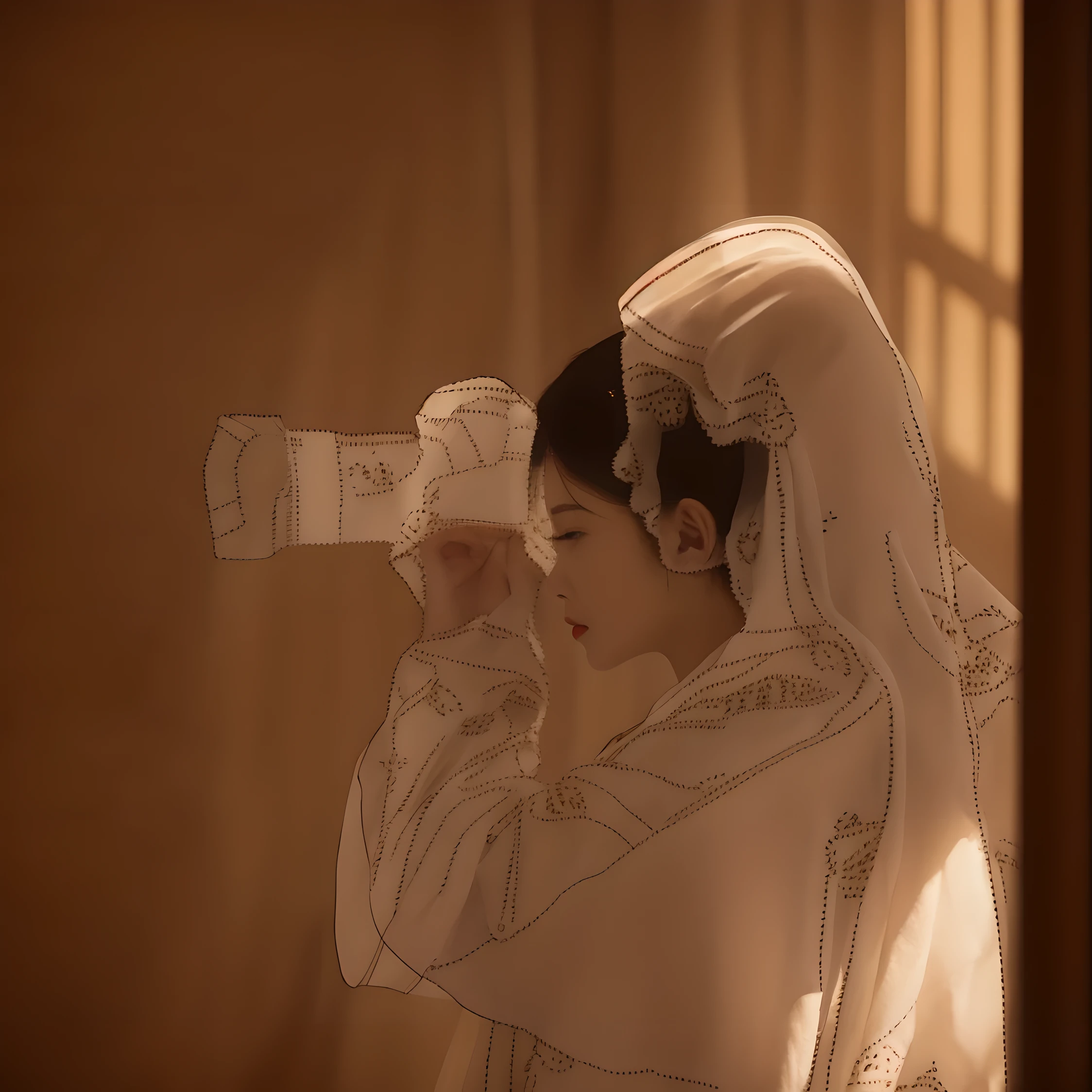 A woman takes a photo with a camera in Taolin,perfect light and shadow,Taolin