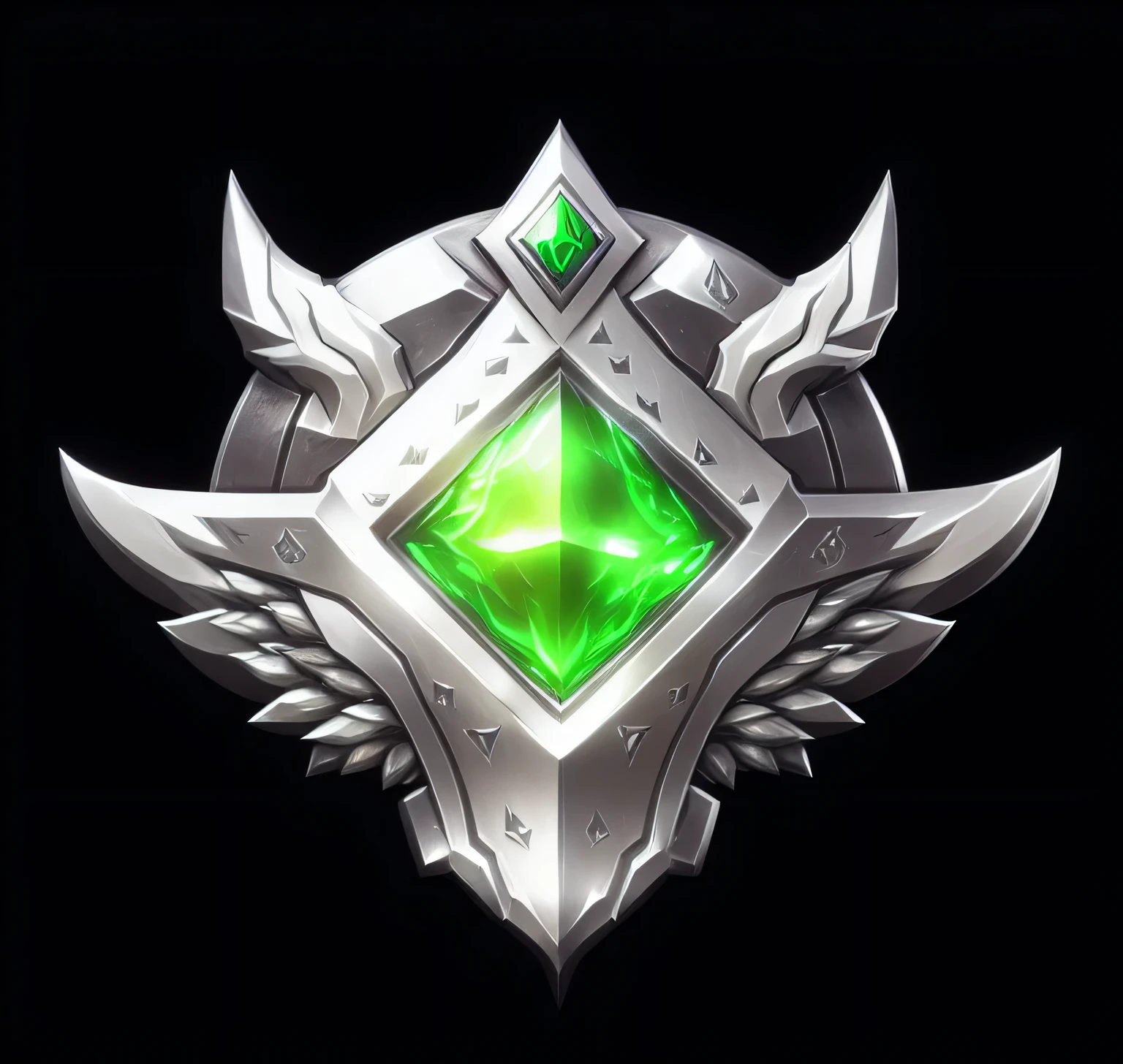 Green and silver badge closeup on black background, League of Legends champions, League of Legends style, League of Legends style, luxury liquid, Official splash art, League of Legends, Wisdom Badge, League of Legends style, silver skin, Heart Stone original art style, from League of Legends, platinum skin, League of Legends splash screen, master'space