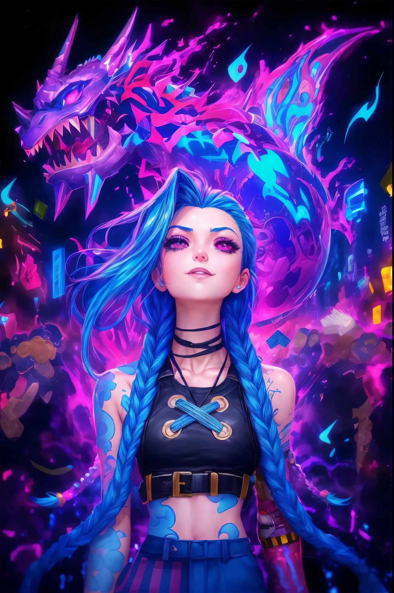 a close up of a person with blue hair and a dragon head, portrait of jinx from arcane, rossdraws cartoon vibrant, digital cyberpunk anime art, arcane jinx, rossdraws 1. 0, rossdraws 2. 0, digital cyberpunk - anime art, epic digital art illustration, rossdraws global illumination, cyberpunk art style, beeple and jeremiah ketner