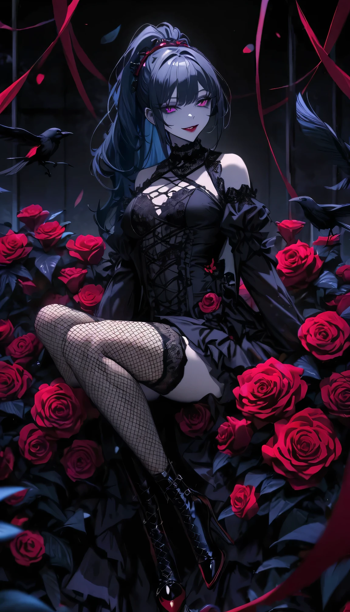 (dark atmosphere,Goethe fashion,bright colors),(best quality,Super exquisite,face and body details),sexy goth girl,Blue pointed black straight ponytail,Crow feathers,red lipstick,mysterious smile,Pale complexion,Fishnet socks,black lace dress,Pointed-toe boots,rose garden at night,Dark and moody lighting