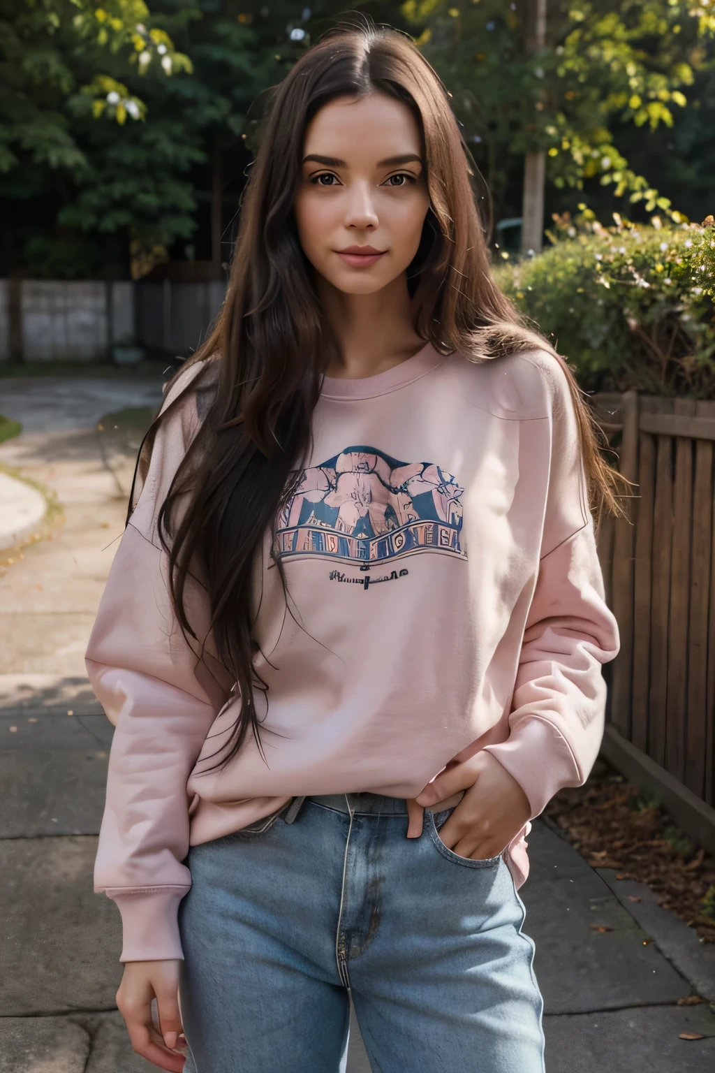 , long dark hair, pale pink sweatshirt, full body shot, natural skin texture, hyperrealism, complex background, hyperdetailed, friendly, cheerful atmosphere