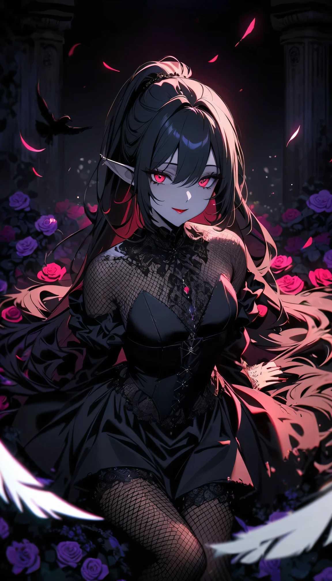 (dark atmosphere,Goethe fashion,bright colors),(best quality,Super exquisite,),Sexy goth elf girl,rose garden at night,beautiful and delicate eyes,Blue pointed black straight ponytail,Crow feathers,red lipstick,mysterious smile,Pale complexion,Fishnet socks,black lace dress,Pointed-toe boots,mysterious aura,The moonlight reflects her elegant silhouette,Soft shadows and soft highlights,Contrasting colors create a vibrant atmosphere,Dark and moody color palette,Subtle yet dramatic lighting effects,Sublime darkness intertwined with exquisite moonlight