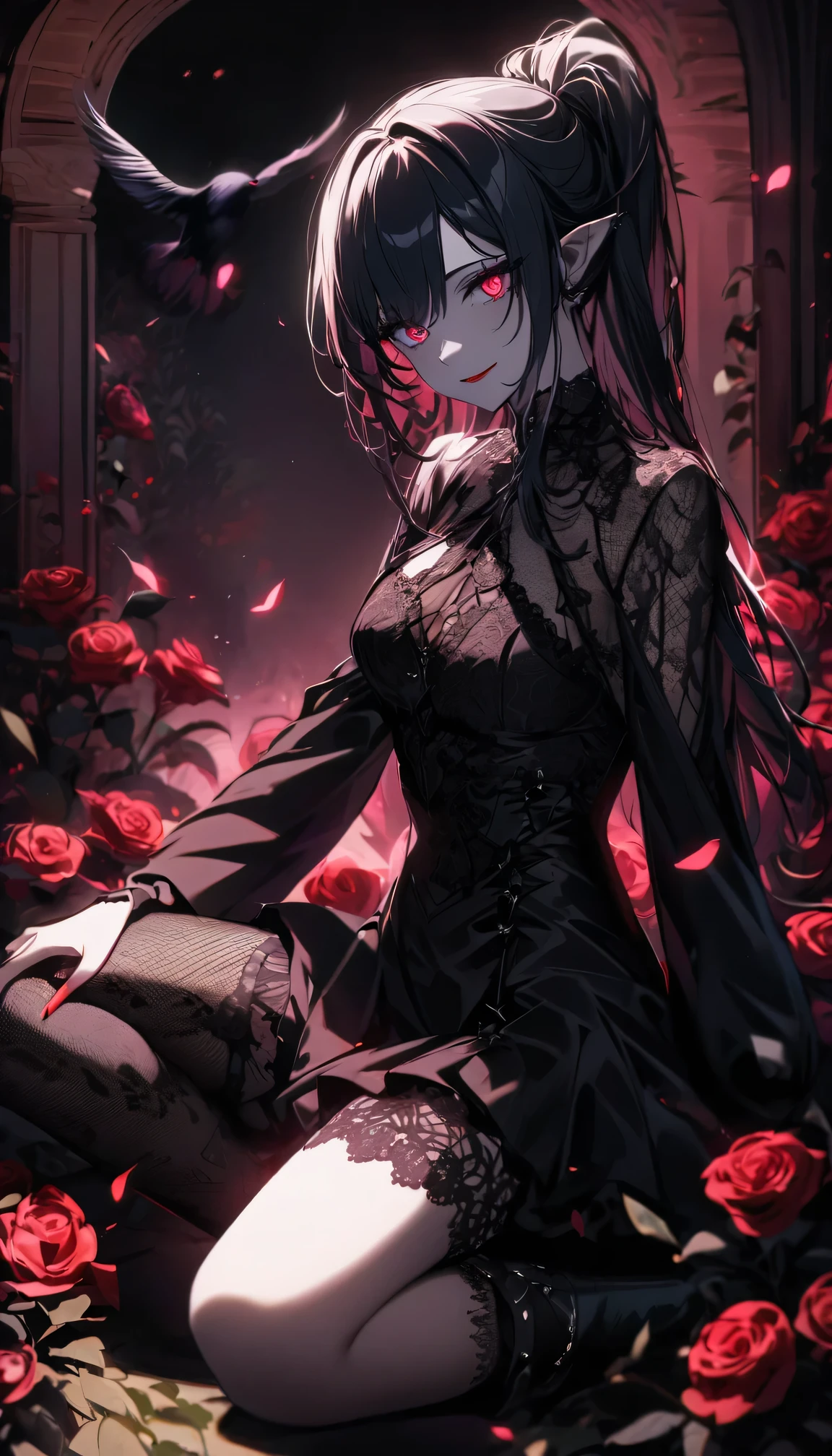 (dark atmosphere,Goethe fashion,bright colors),(best quality,Super exquisite,),Sexy goth elf girl,rose garden at night,beautiful and delicate eyes,Blue pointed black straight ponytail,Crow feathers,red lipstick,mysterious smile,Pale complexion,Fishnet socks,black lace dress,Pointed-toe boots,mysterious aura,The moonlight reflects her elegant silhouette,Soft shadows and soft highlights,Contrasting colors create a vibrant atmosphere,Dark and moody color palette,Subtle yet dramatic lighting effects,Sublime darkness intertwined with exquisite moonlight