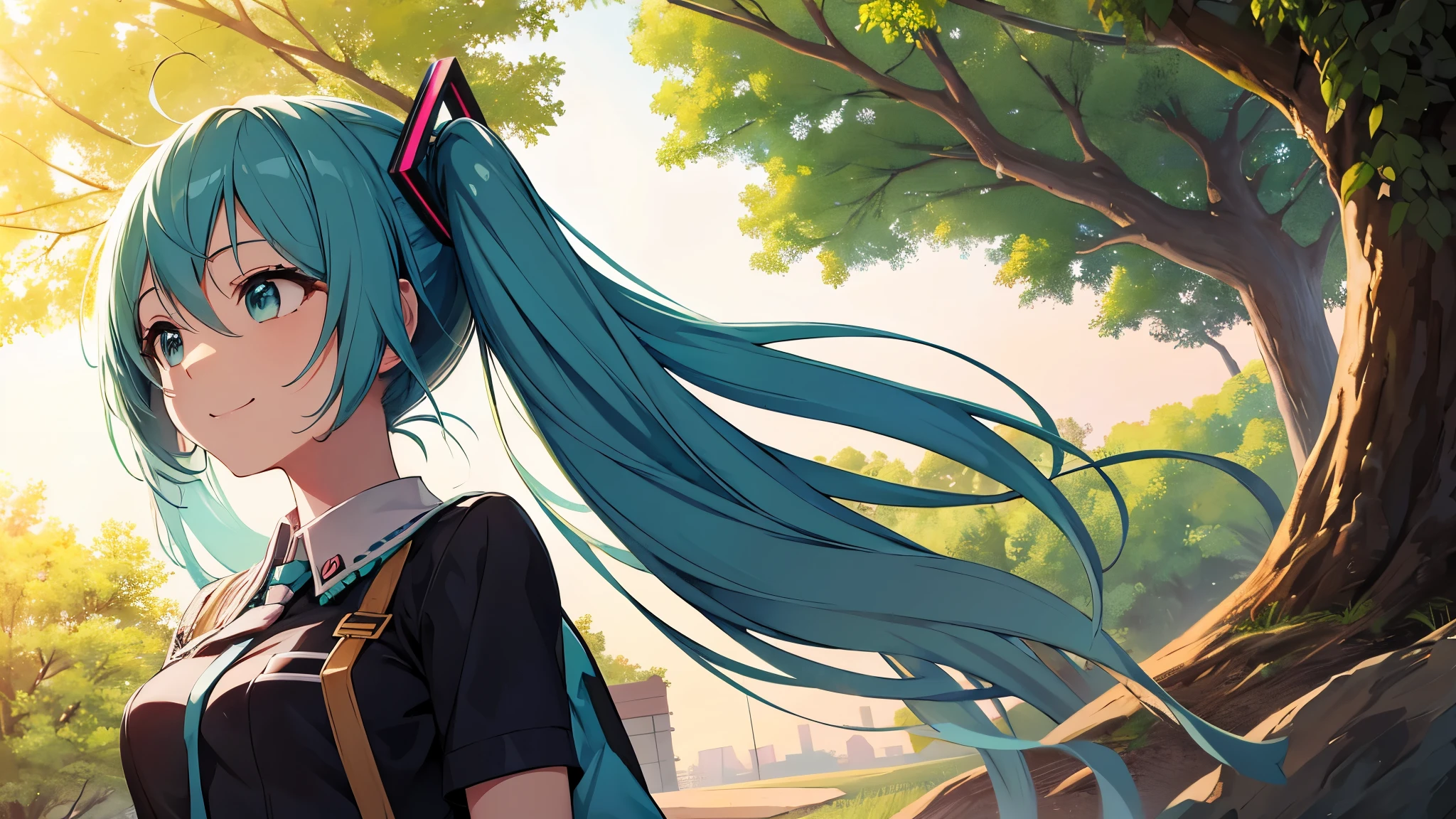 anime character、Hatsune Miku、in nature、Looking up at the sky with a smile、Have a big key