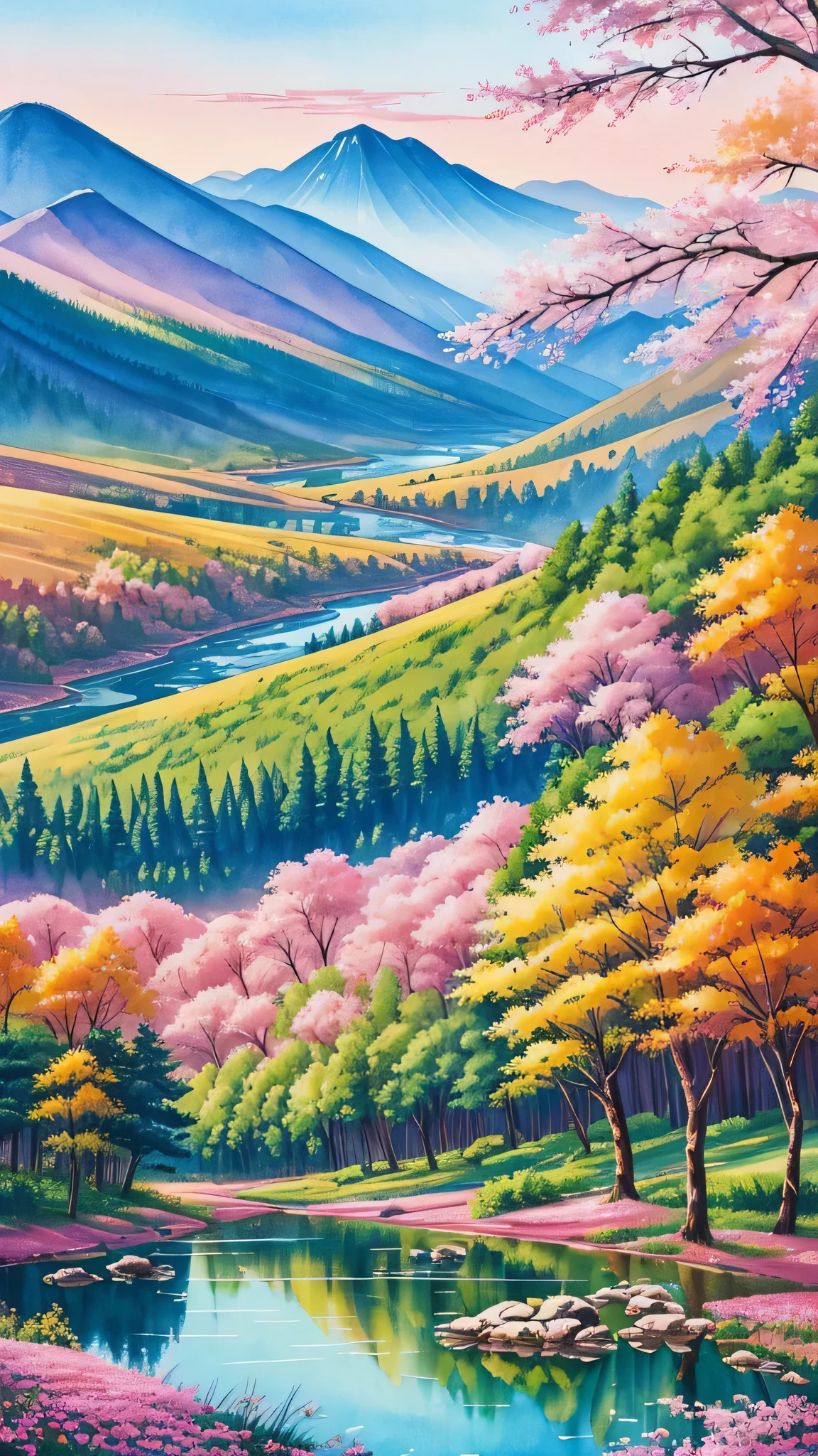 cattle farm in foreground,Mid shot of pine trees,fall,tap water,With the Chinese landscape as a backdrop,watercolor painting,painting,Blue Mountains,Pink Mountain,Baiyun,pink sky,highly contrasted colors,watercolor painting,8k wallpaper