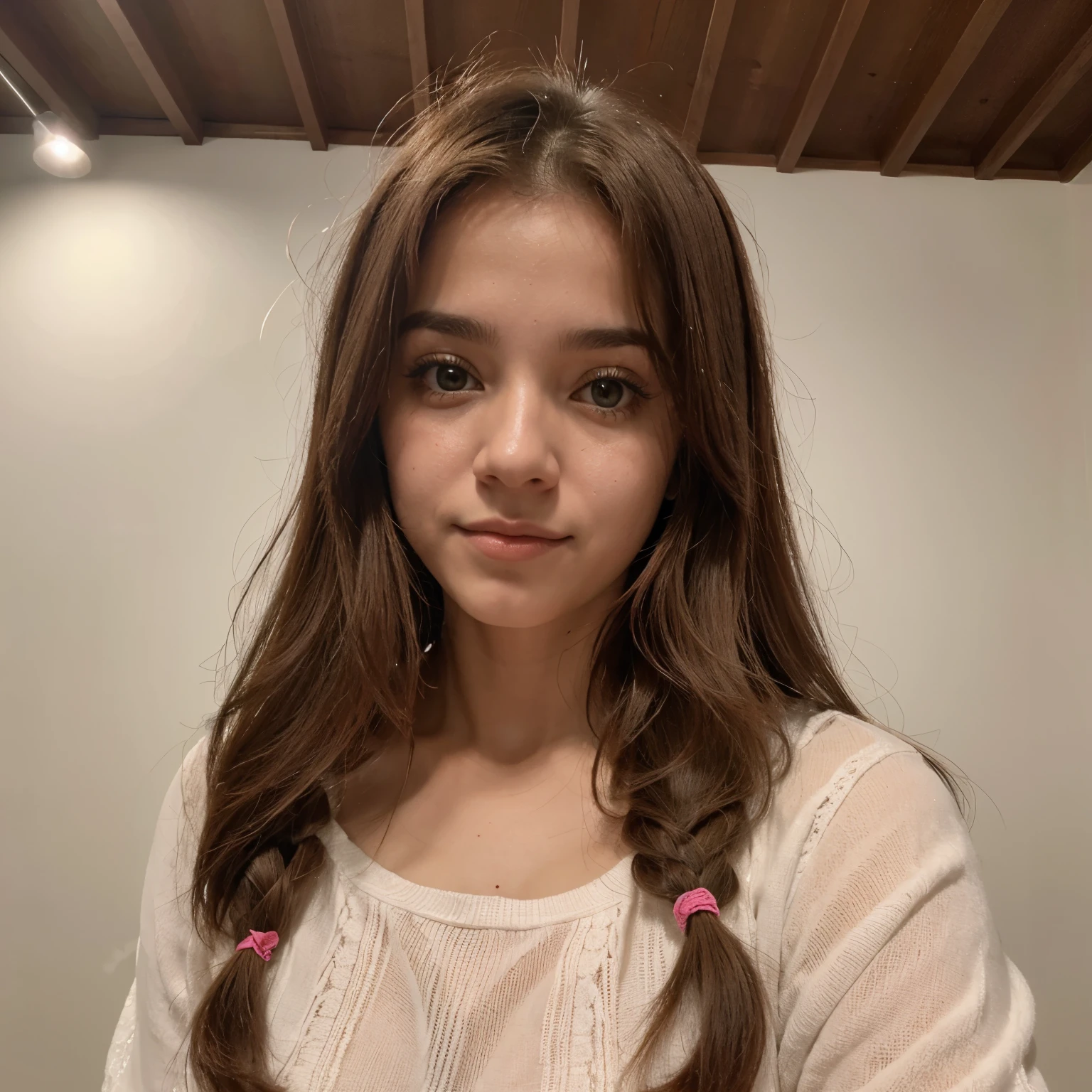 Uma linda jovem de cabelo cacheados da cor castanha, enfiando dois dedos na sua buceta rosada