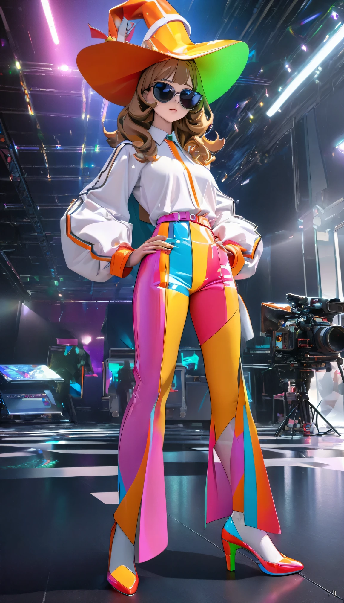 1970s futuristic retro school,1 Beautiful Fashion female model, Exaggerated hats,(Colorful Fashion heels),Standing in the center of the catwalk and performing, (pop art style)Fashion,sunglasses,concept art,Popular topics on artstationh, complicated, High Density Imaging Review, ultra high definition, studio lighting,Physically based rendering, .(best quality,4K,8K,High resolution,masterpiece:1.2).