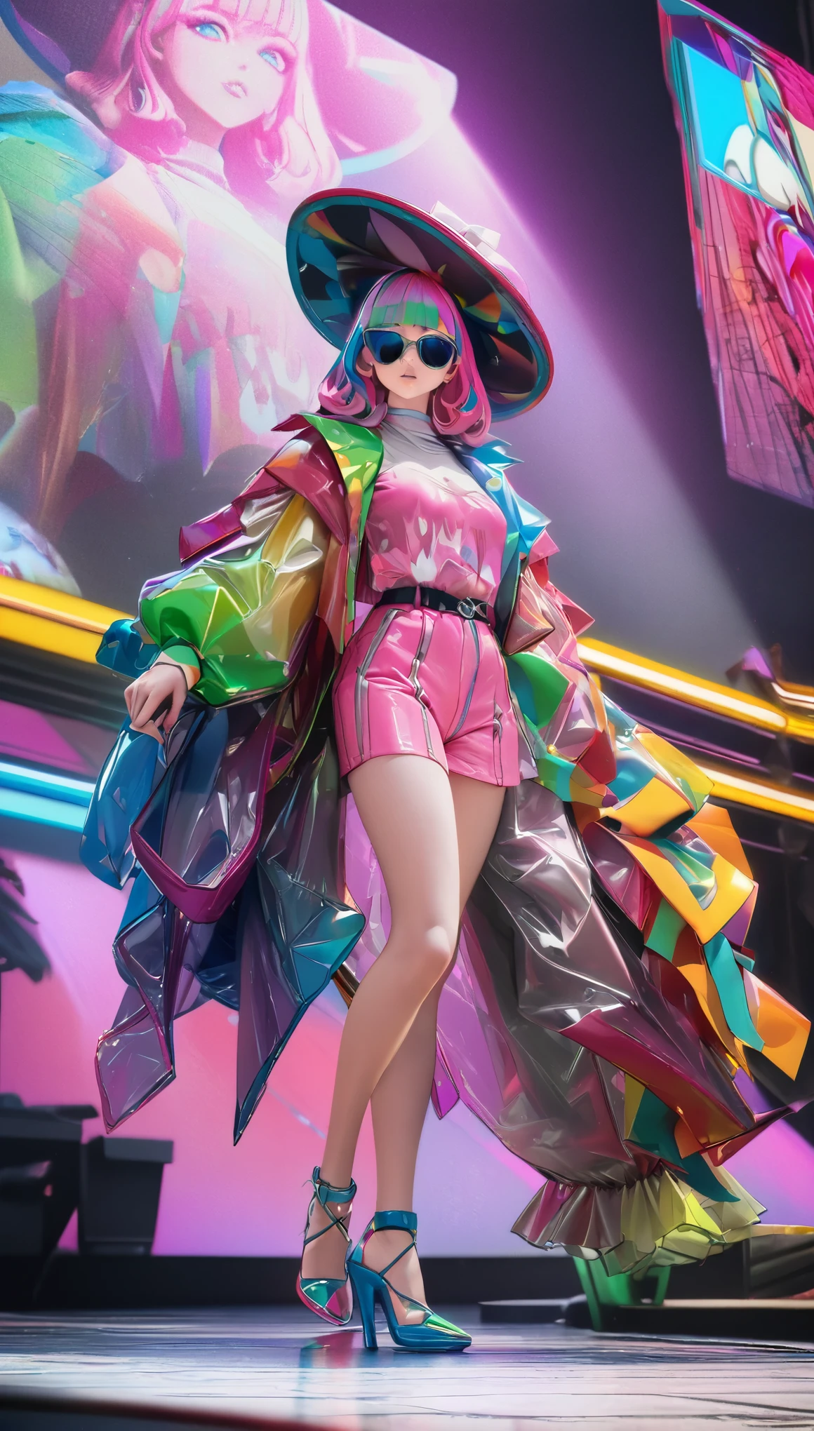 1970s futuristic retro school,1 Beautiful Fashion female model, Exaggerated hats,(Colorful Fashion heels),Standing in the center of the catwalk and performing, (pop art style)Fashion,sunglasses,concept art,Popular topics on artstationh, complicated, High Density Imaging Review, ultra high definition, studio lighting,Physically based rendering, .(best quality,4K,8K,High resolution,masterpiece:1.2).