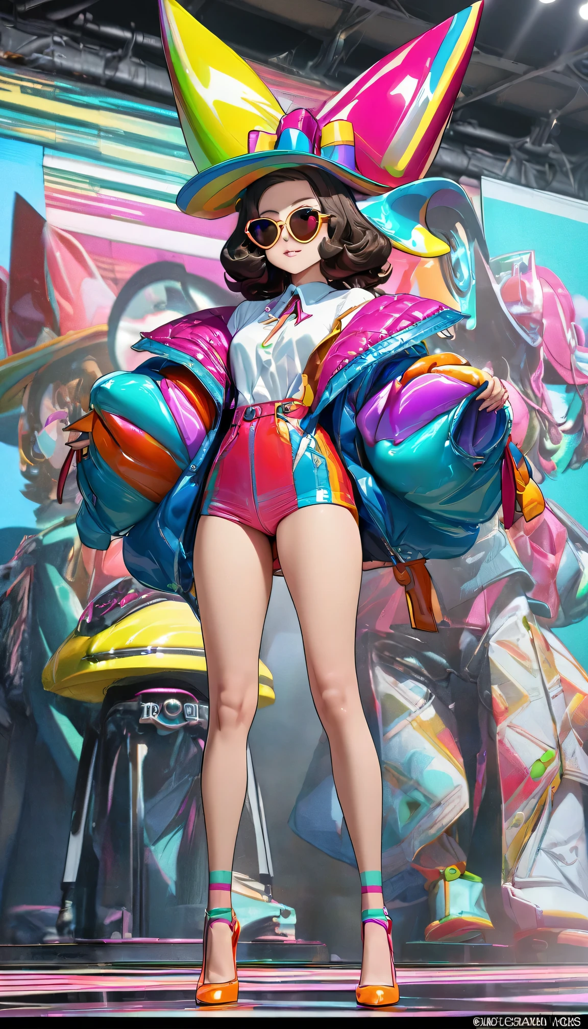 1970s futuristic retro school,1 Beautiful Fashion female model, Exaggerated hats,(Colorful Fashion heels),Standing in the center of the catwalk and performing, (pop art style)Fashion,sunglasses,concept art,Popular topics on artstationh, complicated, High Density Imaging Review, ultra high definition, studio lighting,Physically based rendering, .(best quality,4K,8K,High resolution,masterpiece:1.2).