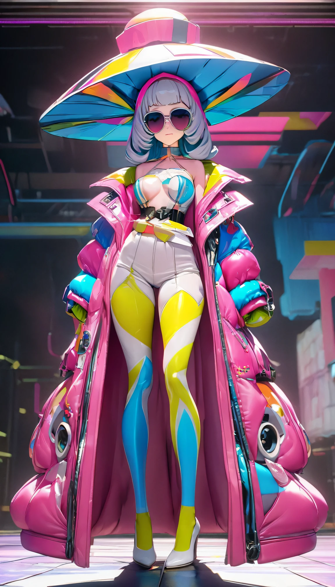 1970s futuristic retro school,1 Beautiful Fashion female model, Exaggerated hats,(Colorful Fashion heels),Standing in the center of the catwalk and performing, (pop art style)Fashion,sunglasses,concept art,Popular topics on artstationh, complicated, High Density Imaging Review, ultra high definition, studio lighting,Physically based rendering, .(best quality,4K,8K,High resolution,masterpiece:1.2).