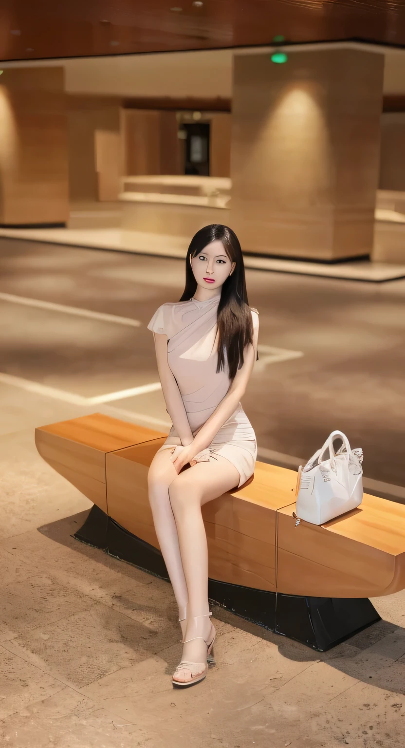 Asian woman sitting on stool looking at camera with handbag next to her