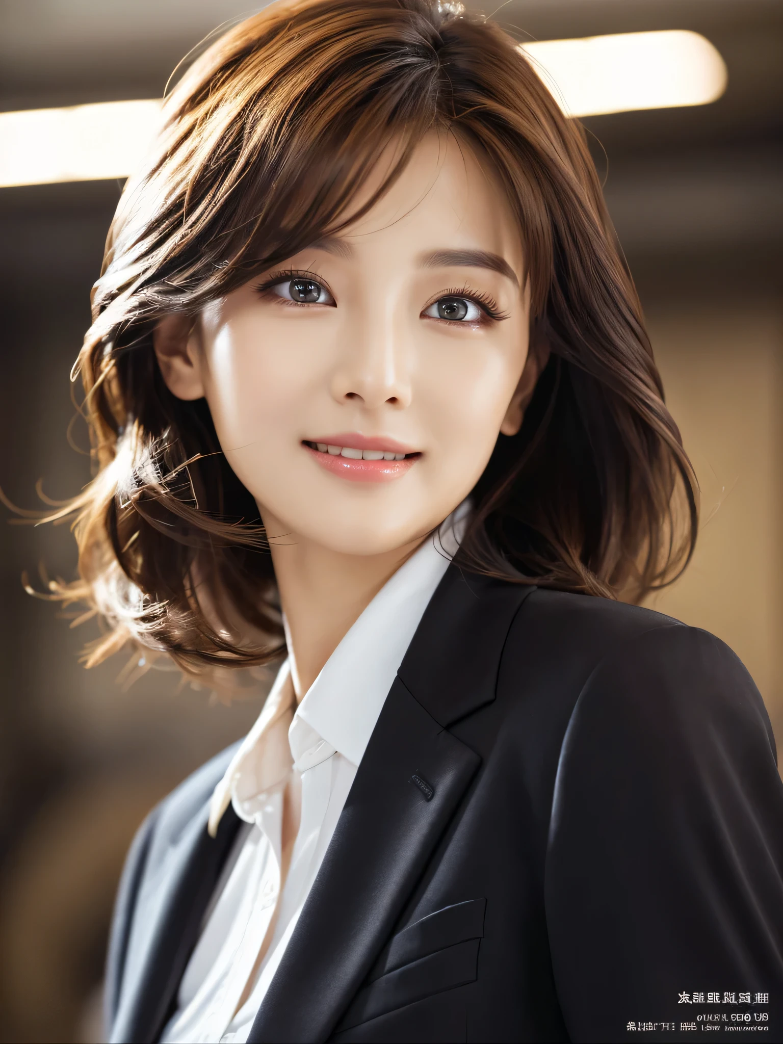 table top、highest quality、genuine、Super detailed、finely、High resolution、8k wallpaper、one beautiful woman、、、light brown disheveled hair、wearing a business suit、sharp focus、perfect dynamic composition、beautiful and detailed eyes、thin hair、Detailed genuine skin texture、smile、close-up portrait、model body shape